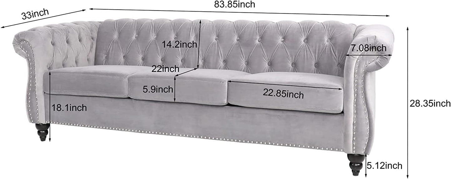 Chesterfield Velvet Modern Tufted Couch 3 Seater with Rolled Arms and Nailhead EK HOME FURNITURE