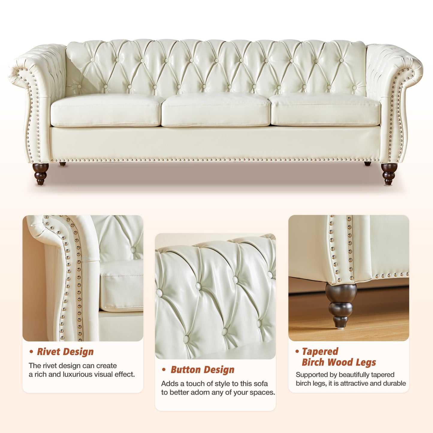 Chesterfield Velvet Modern Tufted Couch 3 Seater with Rolled Arms and Nailhead EK HOME FURNITURE