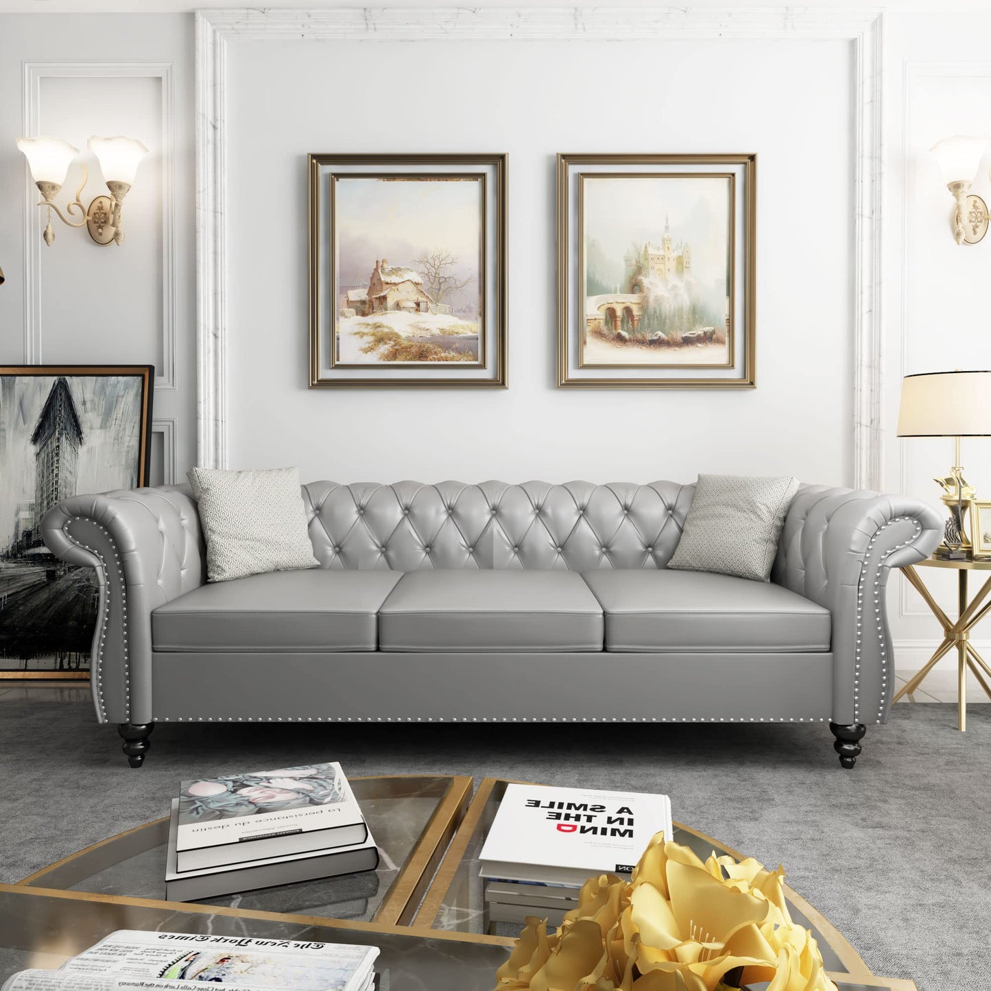 Chesterfield Velvet Modern Tufted Couch 3 Seater with Rolled Arms and Nailhead EK HOME FURNITURE