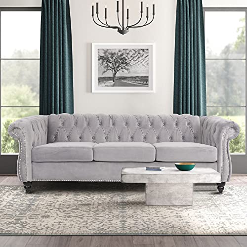 Chesterfield Velvet Modern Tufted Couch 3 Seater with Rolled Arms and Nailhead EK HOME FURNITURE