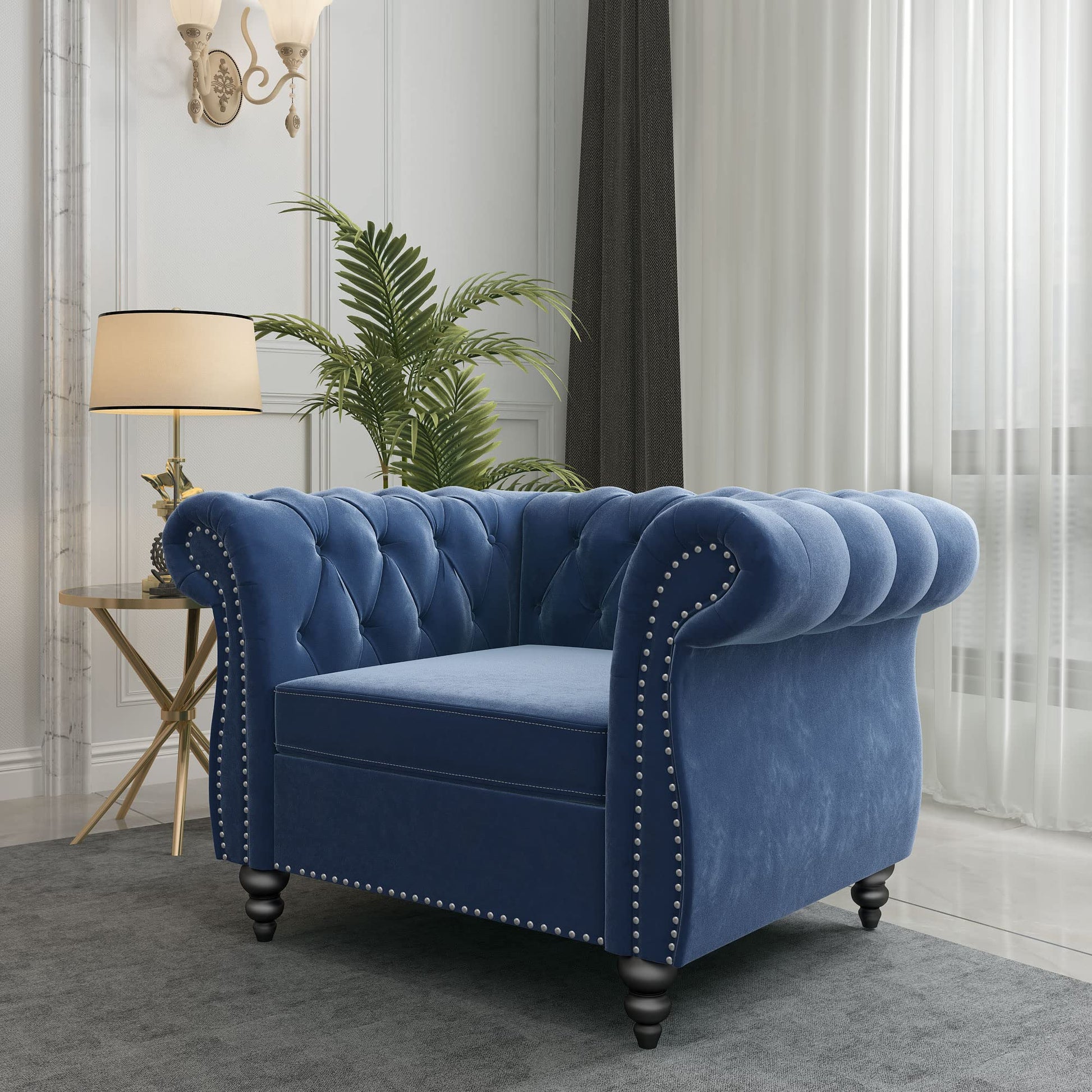 Chesterfield Velvet Modern Tufted Couch 3 Seater with Rolled Arms and Nailhead EK HOME FURNITURE