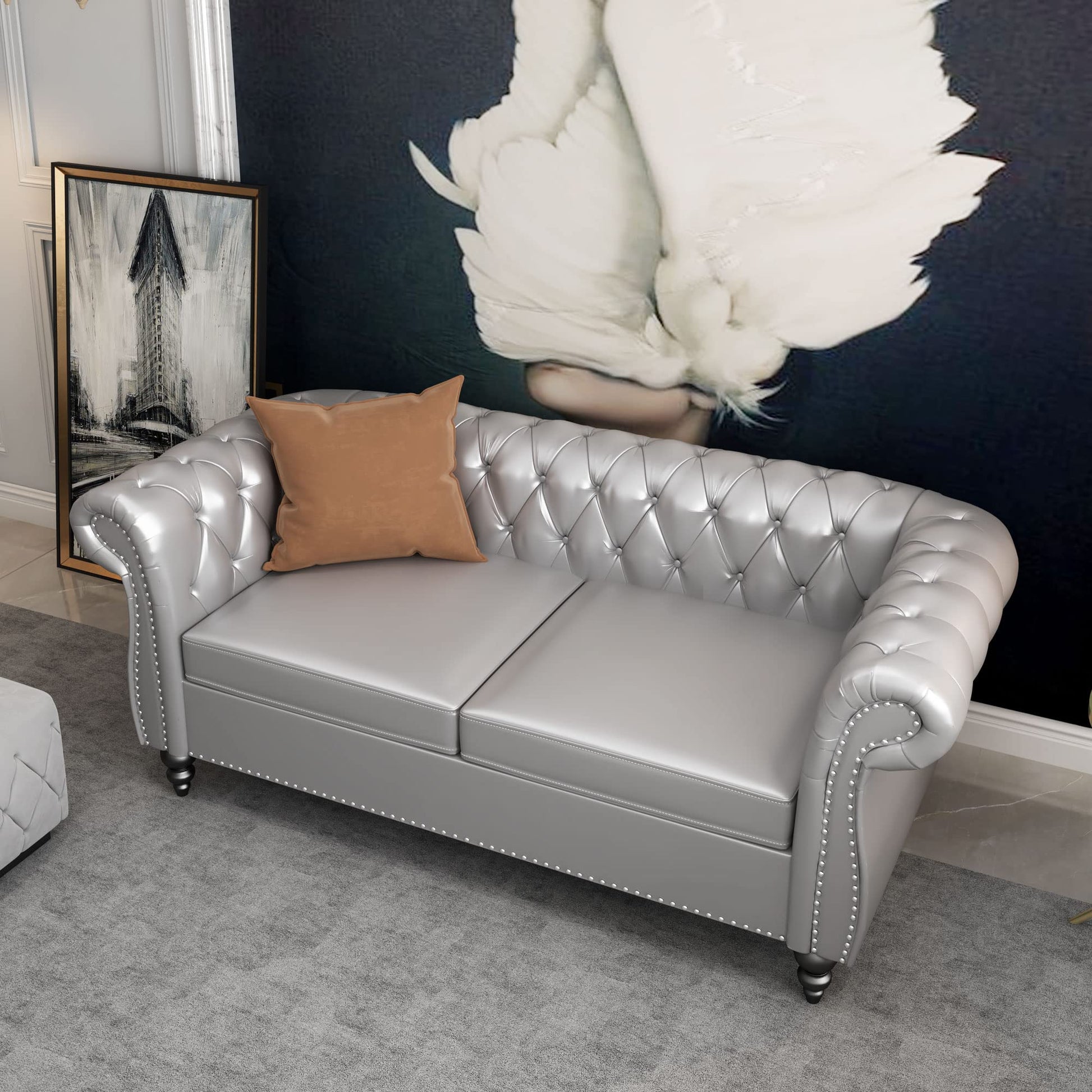 Chesterfield Velvet Modern Tufted Couch 3 Seater with Rolled Arms and Nailhead EK HOME FURNITURE