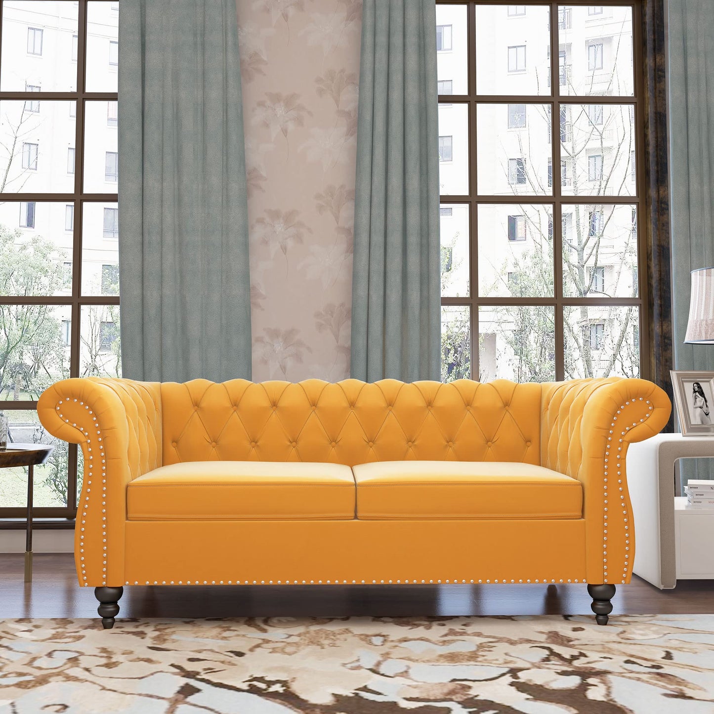 Chesterfield Velvet Modern Tufted Couch 3 Seater with Rolled Arms and Nailhead EK HOME FURNITURE