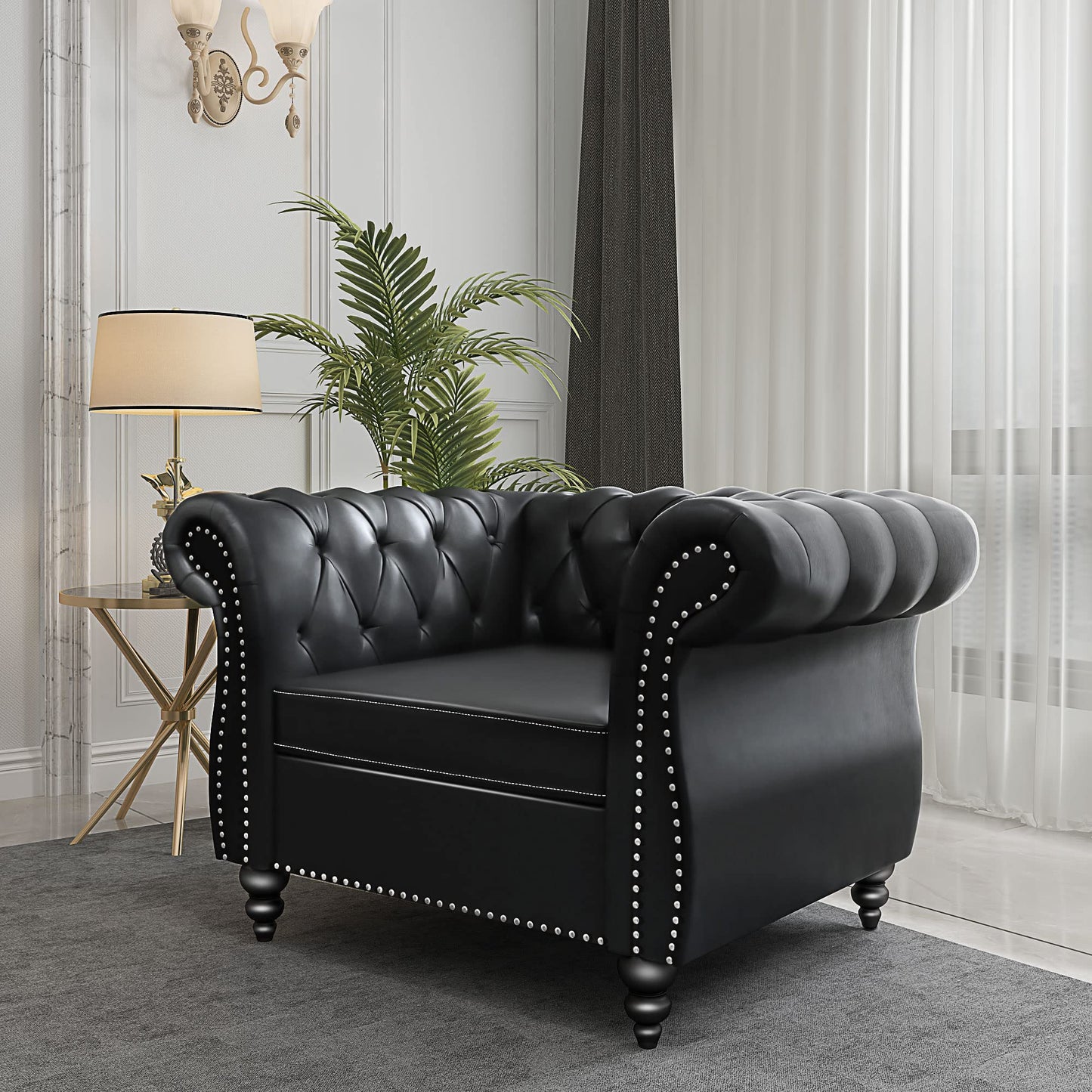 Chesterfield Velvet Modern Tufted Couch 3 Seater with Rolled Arms and Nailhead EK HOME FURNITURE