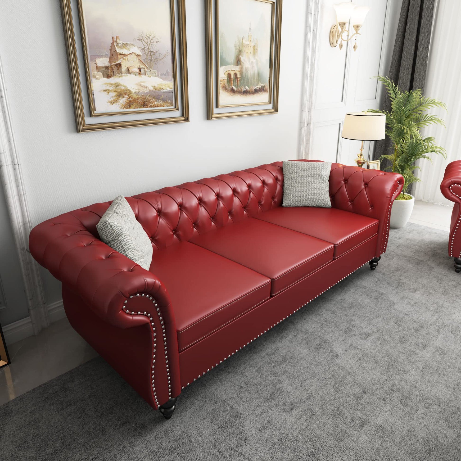 Chesterfield Velvet Modern Tufted Couch 3 Seater with Rolled Arms and Nailhead EK HOME FURNITURE