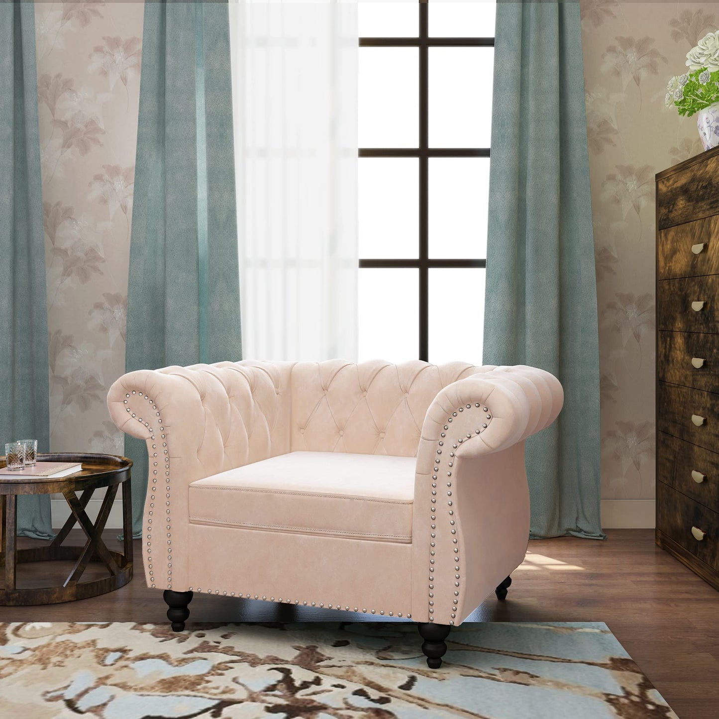 Chesterfield Velvet Modern Tufted Couch 3 Seater with Rolled Arms and Nailhead EK HOME FURNITURE