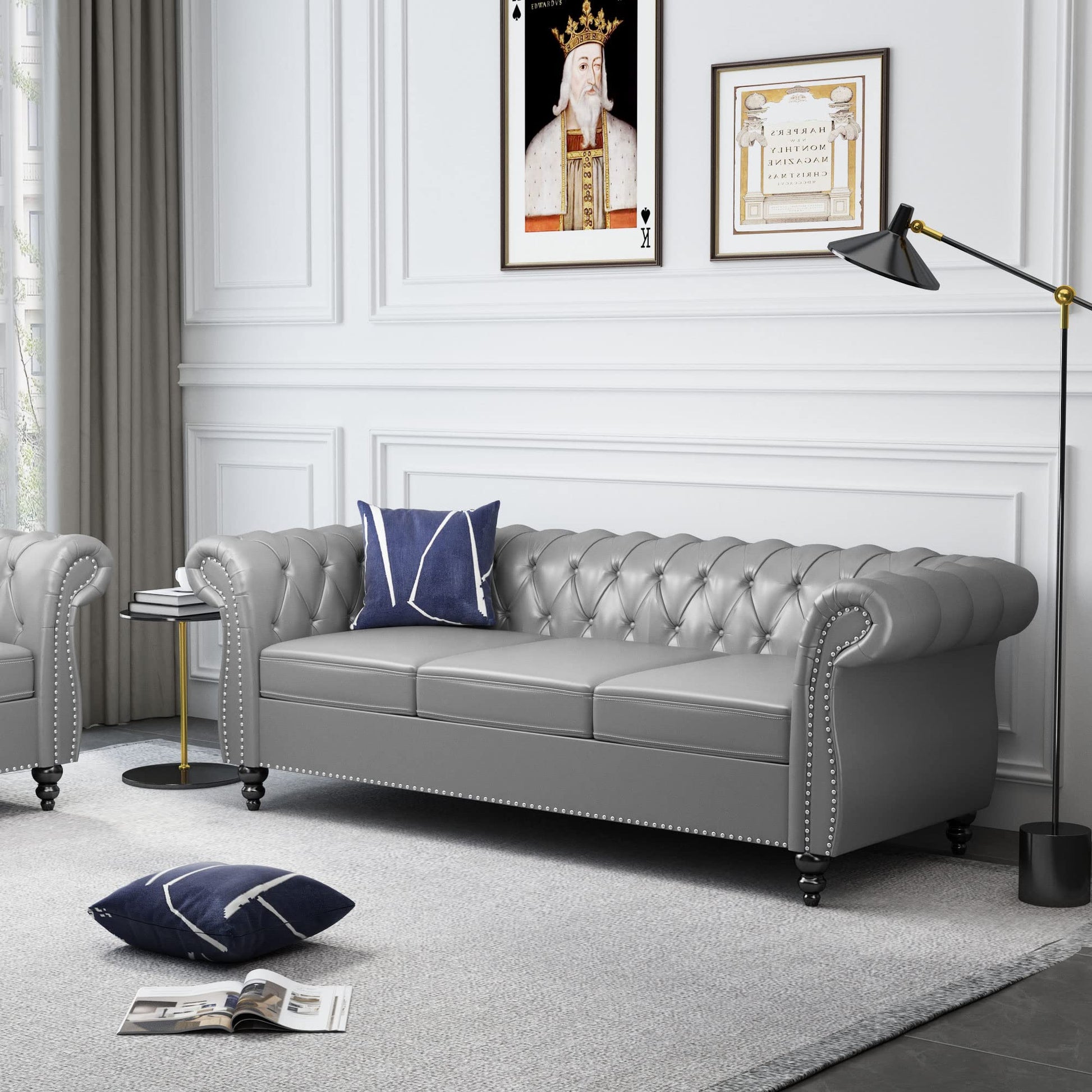 Chesterfield Velvet Modern Tufted Couch 3 Seater with Rolled Arms and Nailhead EK HOME FURNITURE