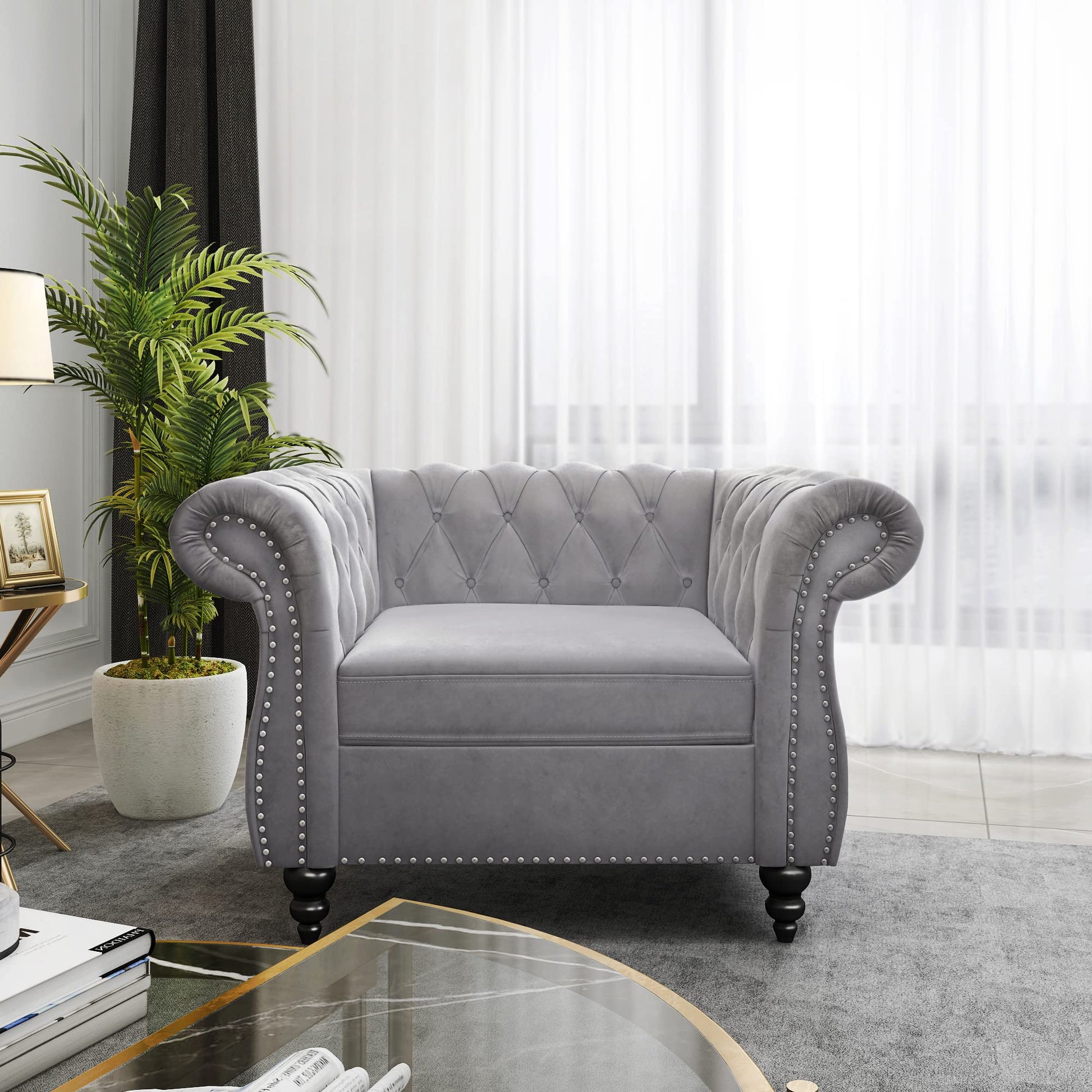 Chesterfield Velvet Modern Tufted Couch 3 Seater with Rolled Arms and Nailhead EK HOME FURNITURE