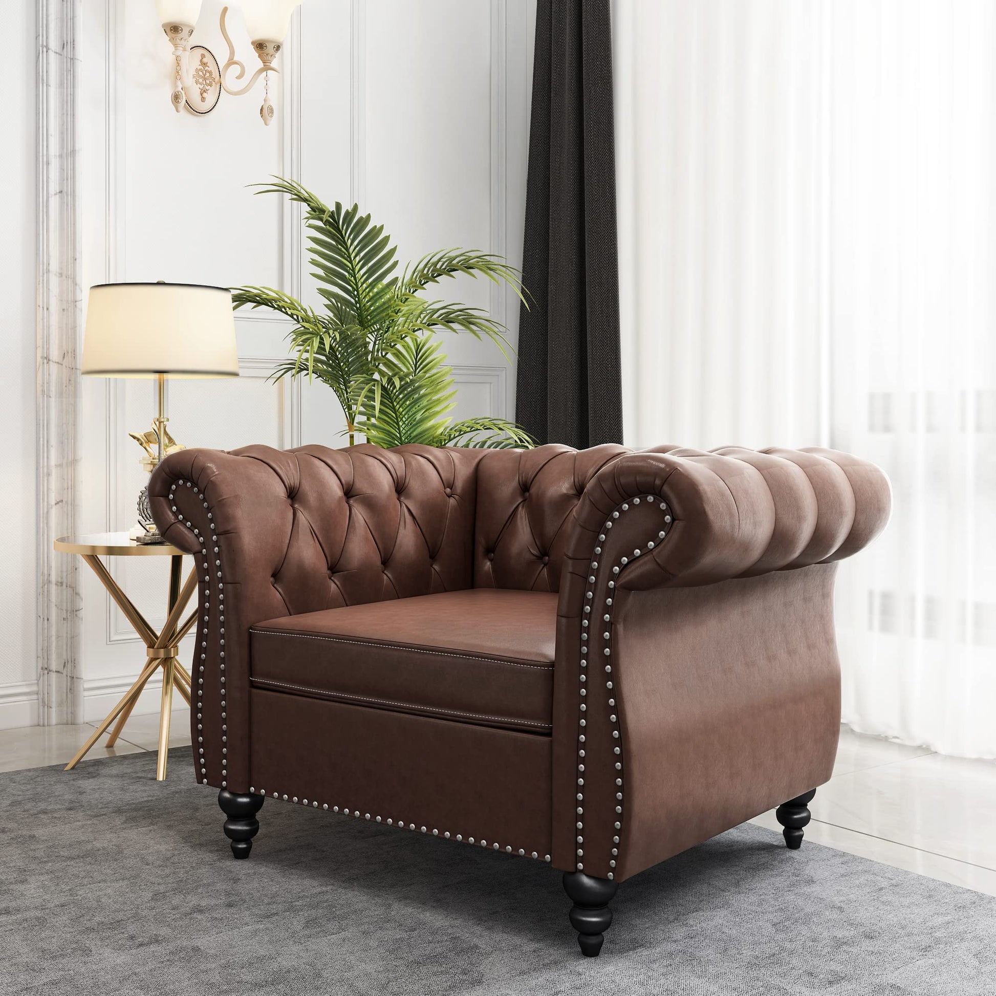 Chesterfield Velvet Modern Tufted Couch 3 Seater with Rolled Arms and Nailhead EK HOME FURNITURE