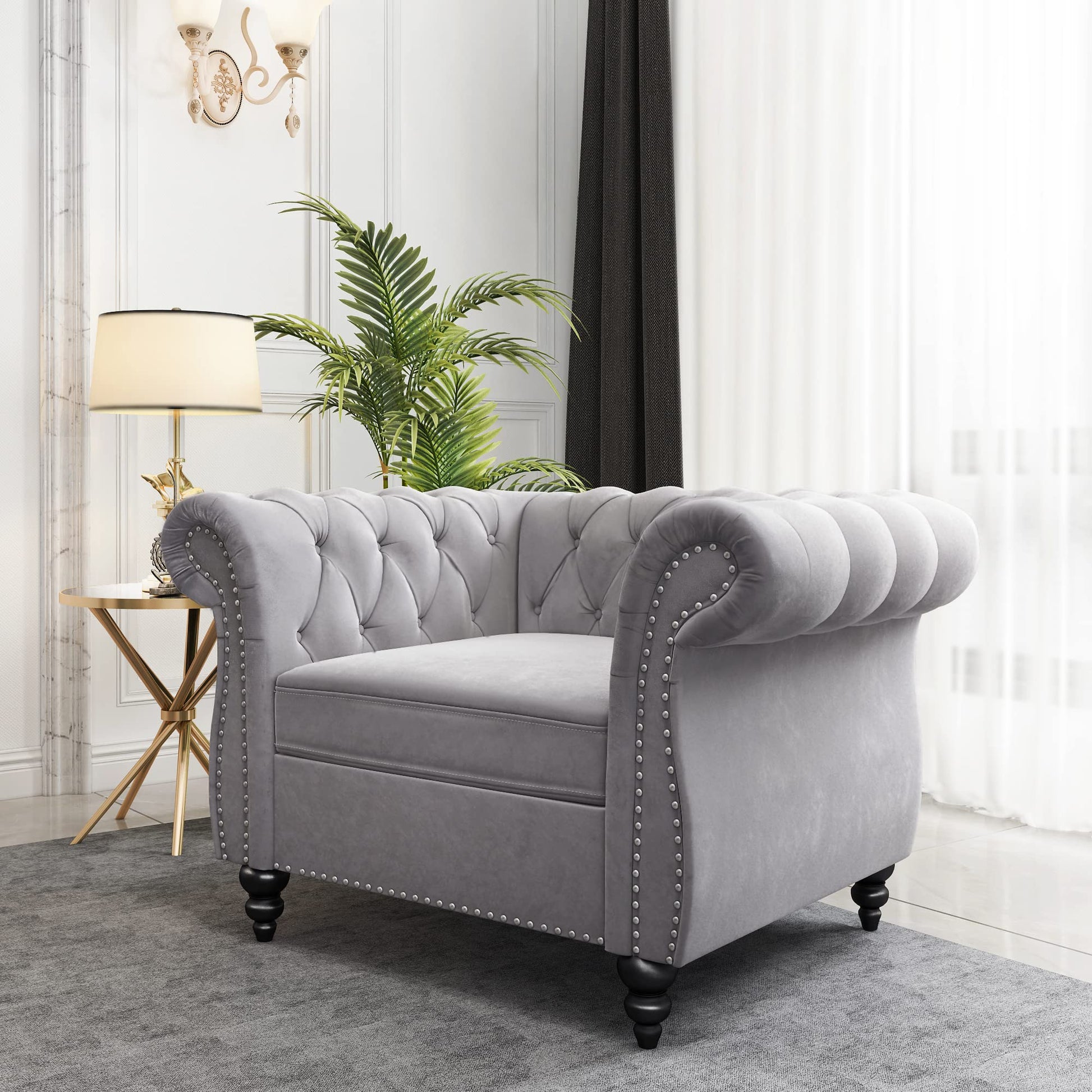 Chesterfield Velvet Modern Tufted Couch 3 Seater with Rolled Arms and Nailhead EK HOME FURNITURE