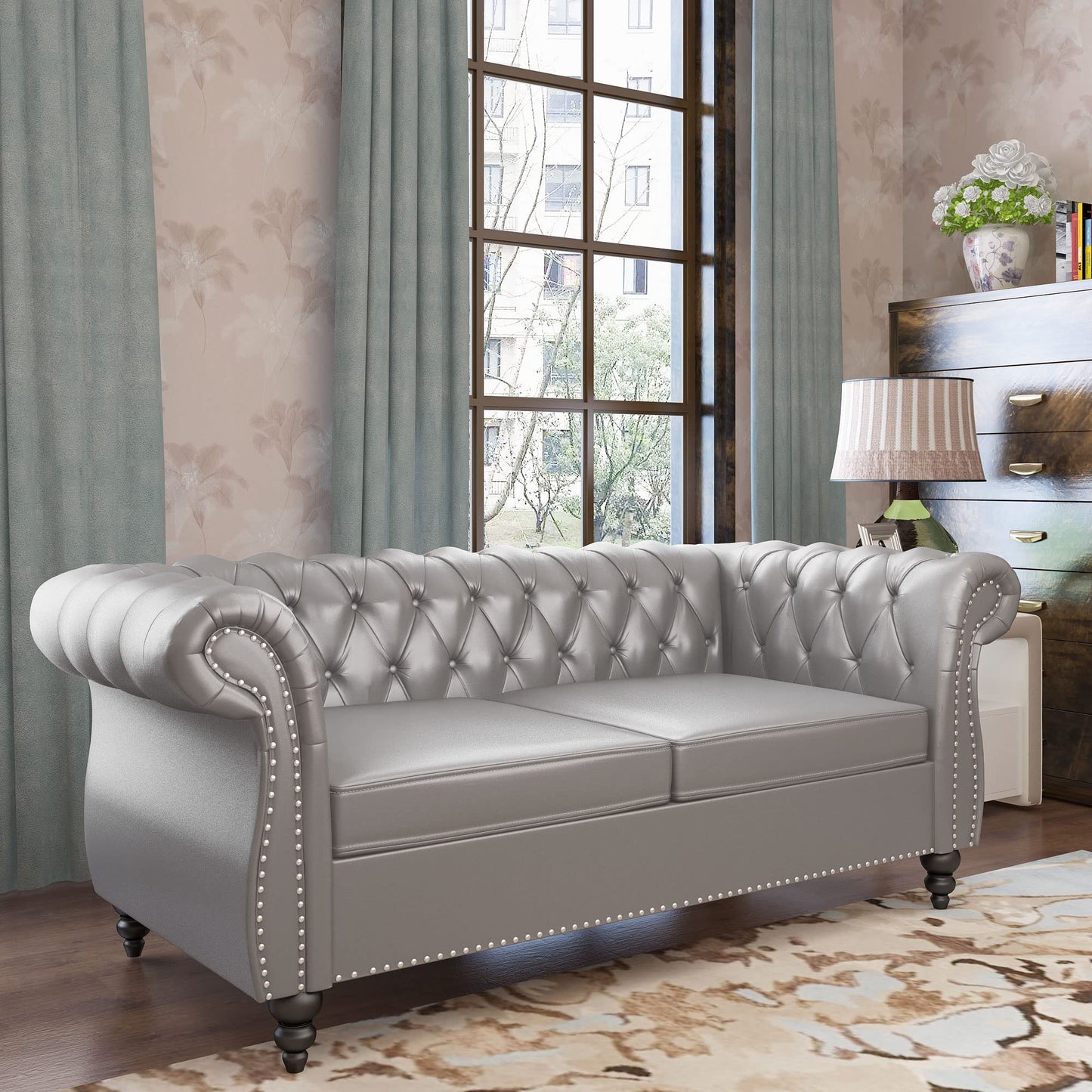 Chesterfield Velvet Modern Tufted Couch 3 Seater with Rolled Arms and Nailhead EK HOME FURNITURE