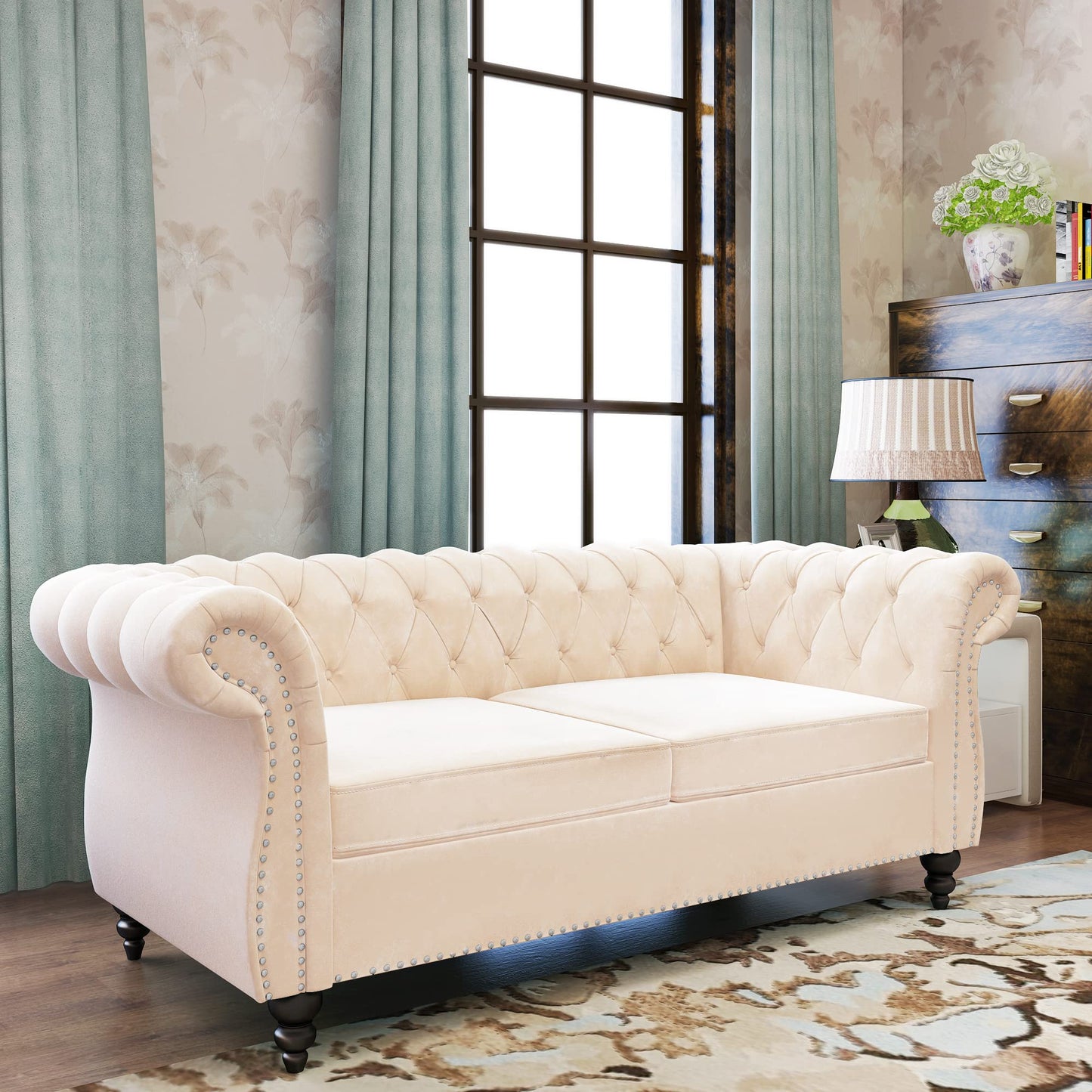 Chesterfield Velvet Modern Tufted Couch 3 Seater with Rolled Arms and Nailhead EK HOME FURNITURE