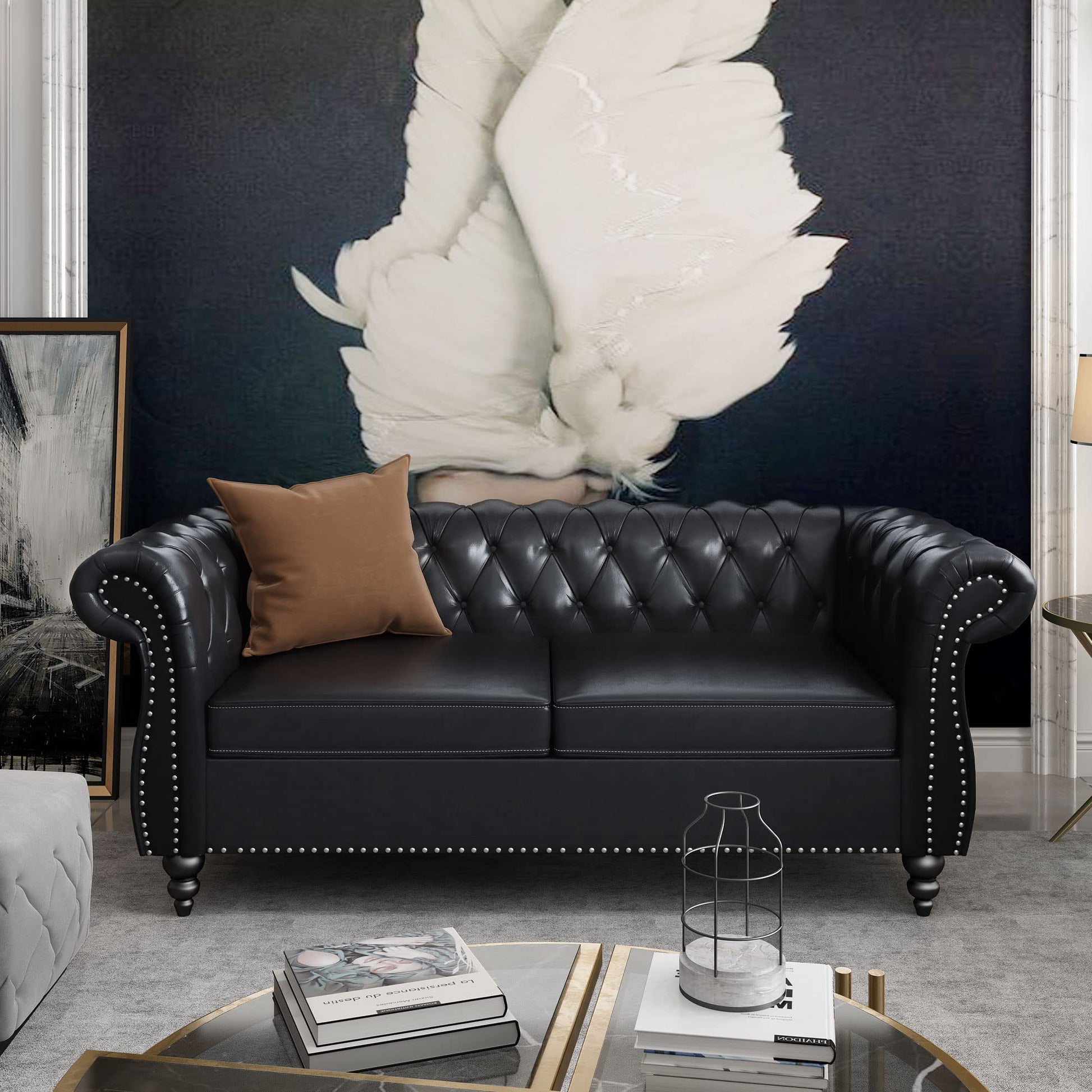 Chesterfield Velvet Modern Tufted Couch 3 Seater with Rolled Arms and Nailhead EK HOME FURNITURE