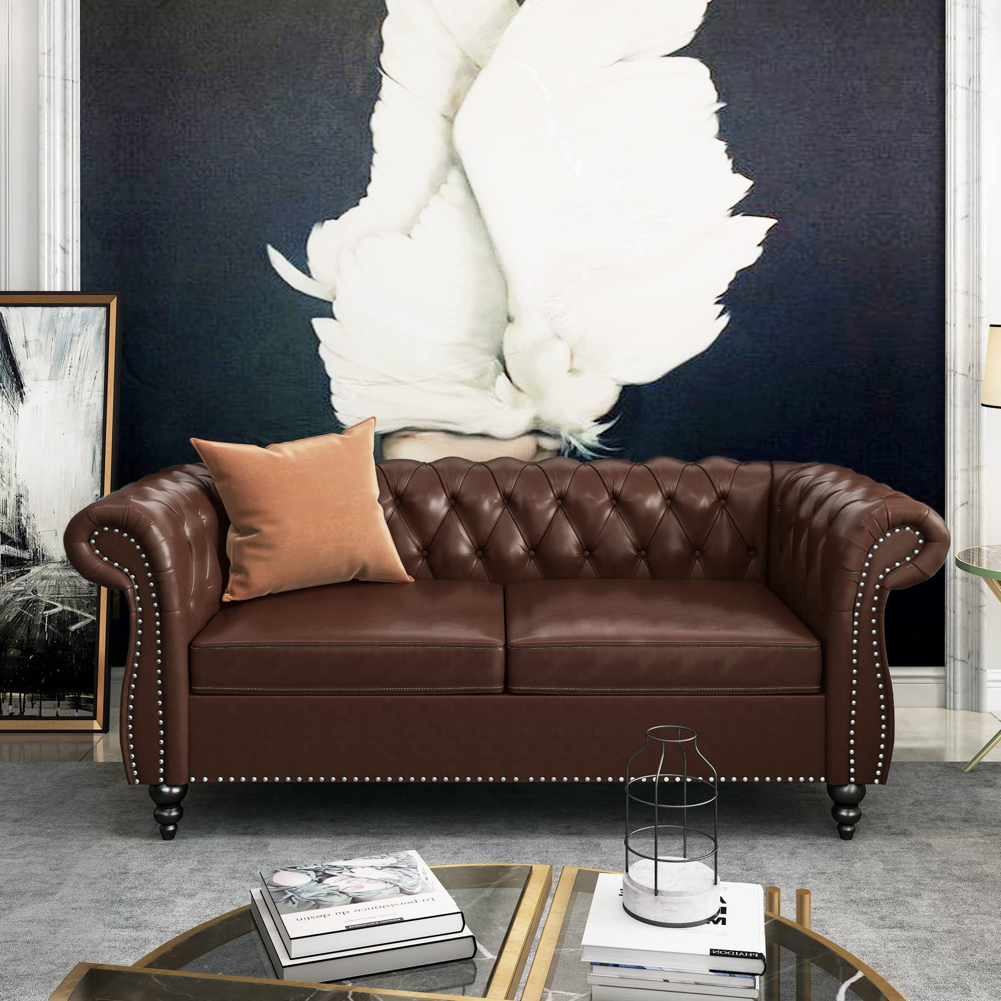 Chesterfield Velvet Modern Tufted Couch 3 Seater with Rolled Arms and Nailhead EK HOME FURNITURE