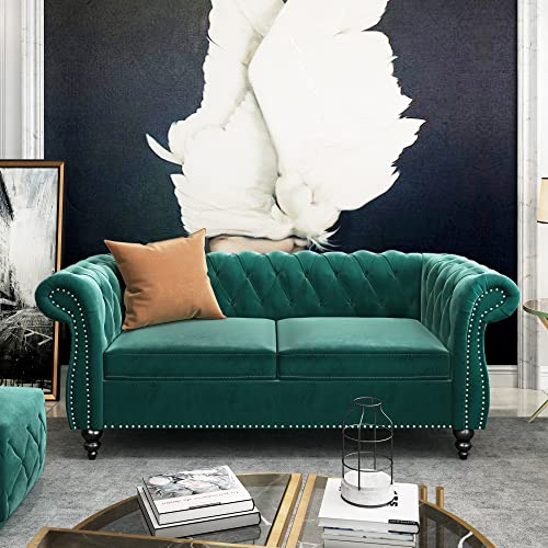 Chesterfield Velvet Modern Tufted Couch 3 Seater with Rolled Arms and Nailhead EK HOME FURNITURE