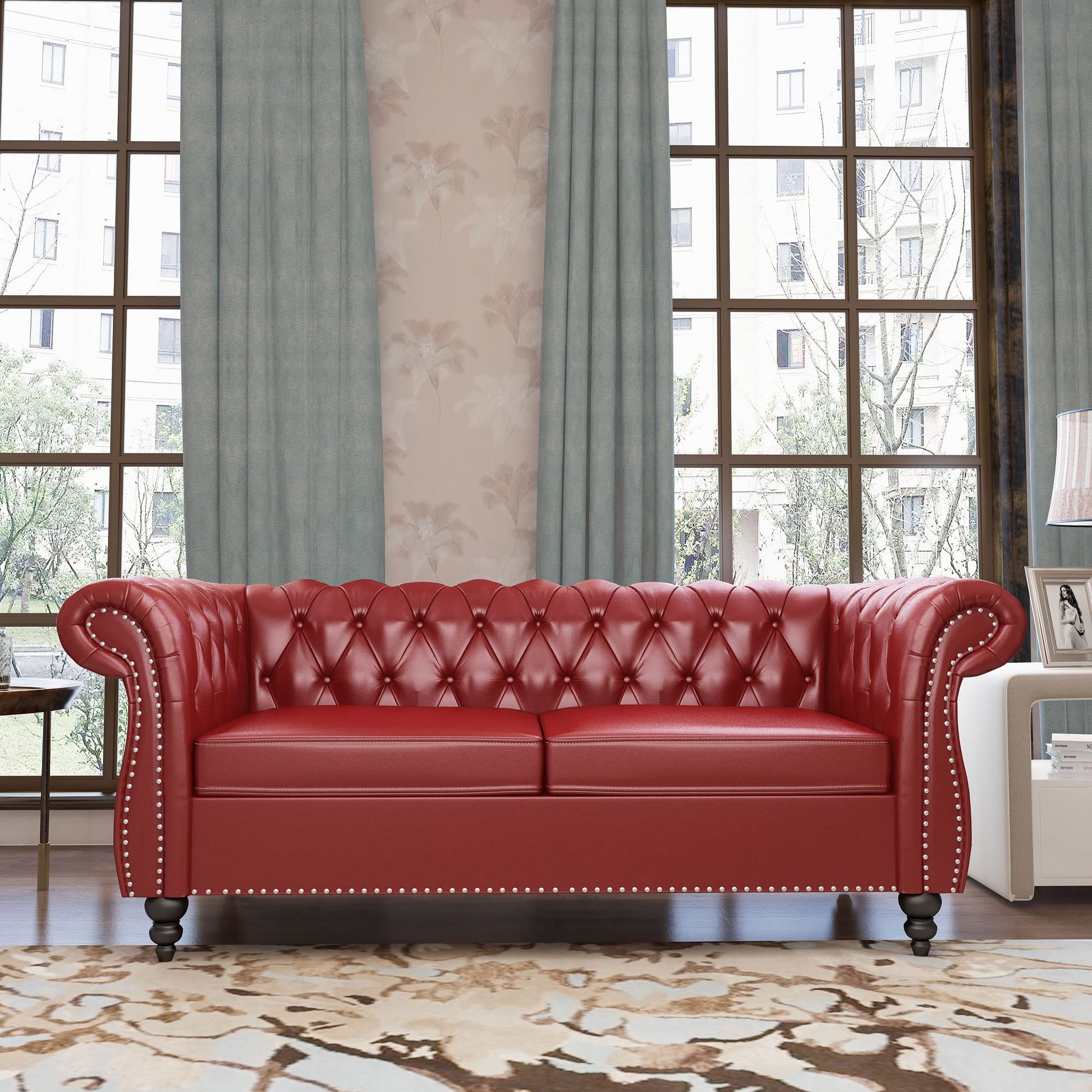 Chesterfield Velvet Modern Tufted Couch 3 Seater with Rolled Arms and Nailhead EK HOME FURNITURE