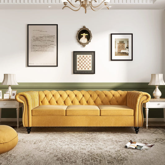 Chesterfield Velvet Modern Tufted Couch 3 Seater with Rolled Arms and Nailhead EK HOME FURNITURE