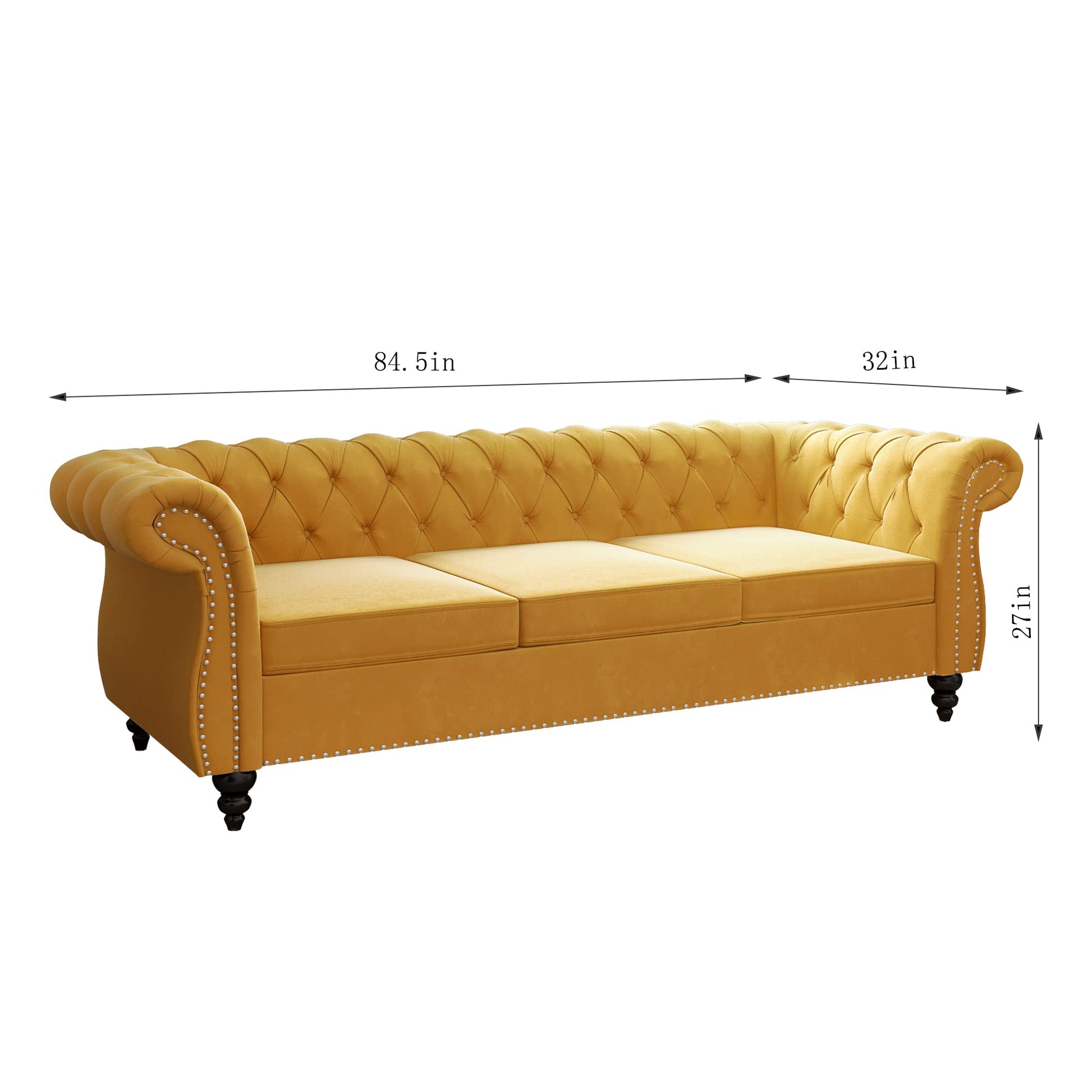 Chesterfield Velvet Modern Tufted Couch 3 Seater with Rolled Arms and Nailhead EK HOME FURNITURE