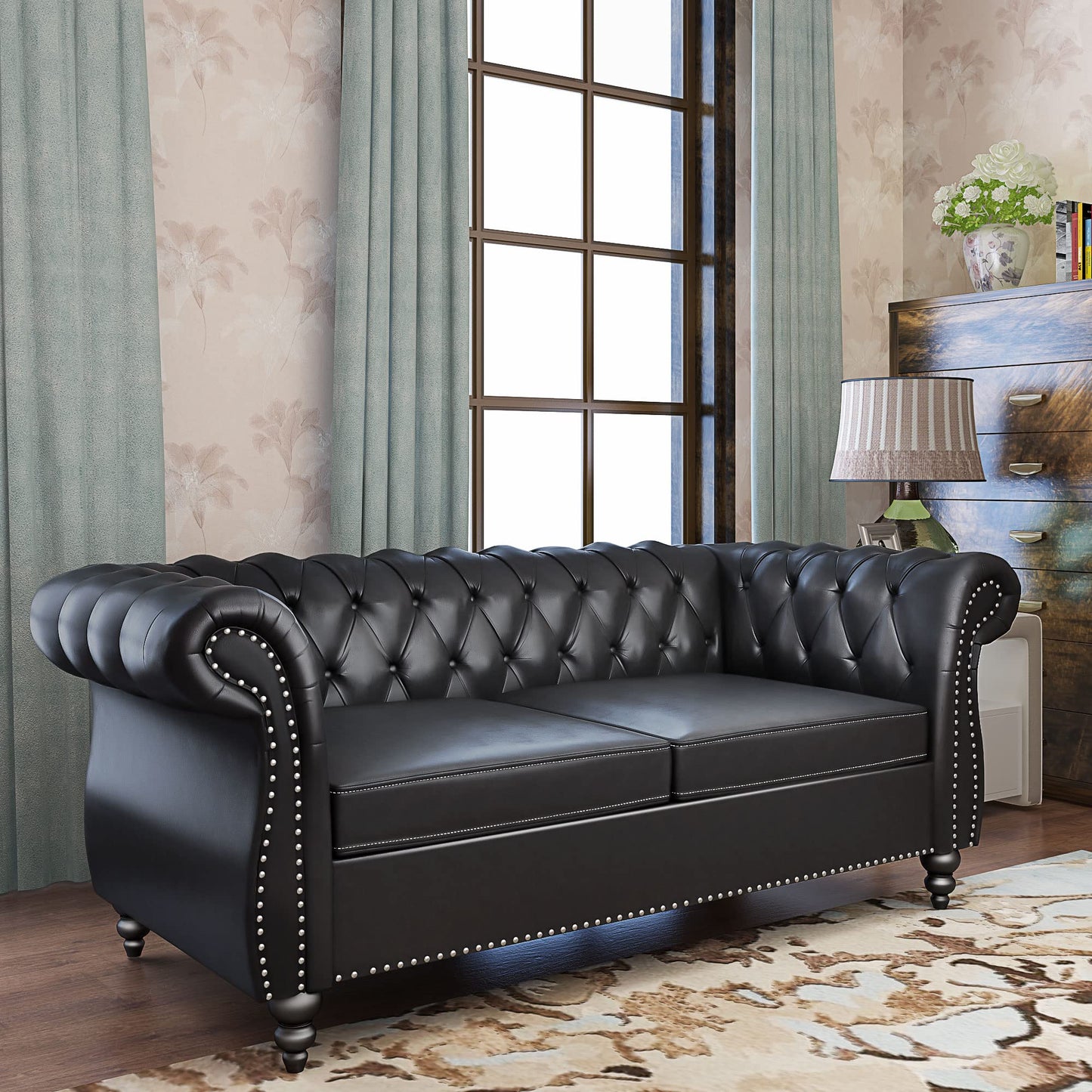 Chesterfield Velvet Modern Tufted Couch 3 Seater with Rolled Arms and Nailhead EK HOME FURNITURE