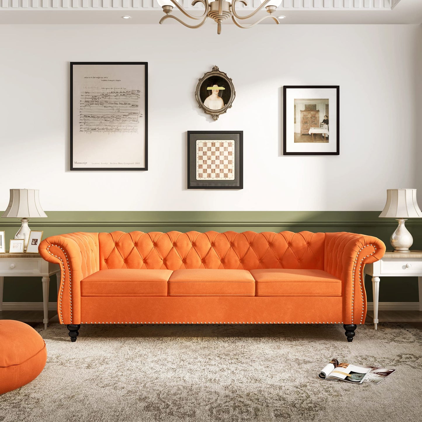 Chesterfield Velvet Modern Tufted Couch 3 Seater with Rolled Arms and Nailhead EK HOME FURNITURE