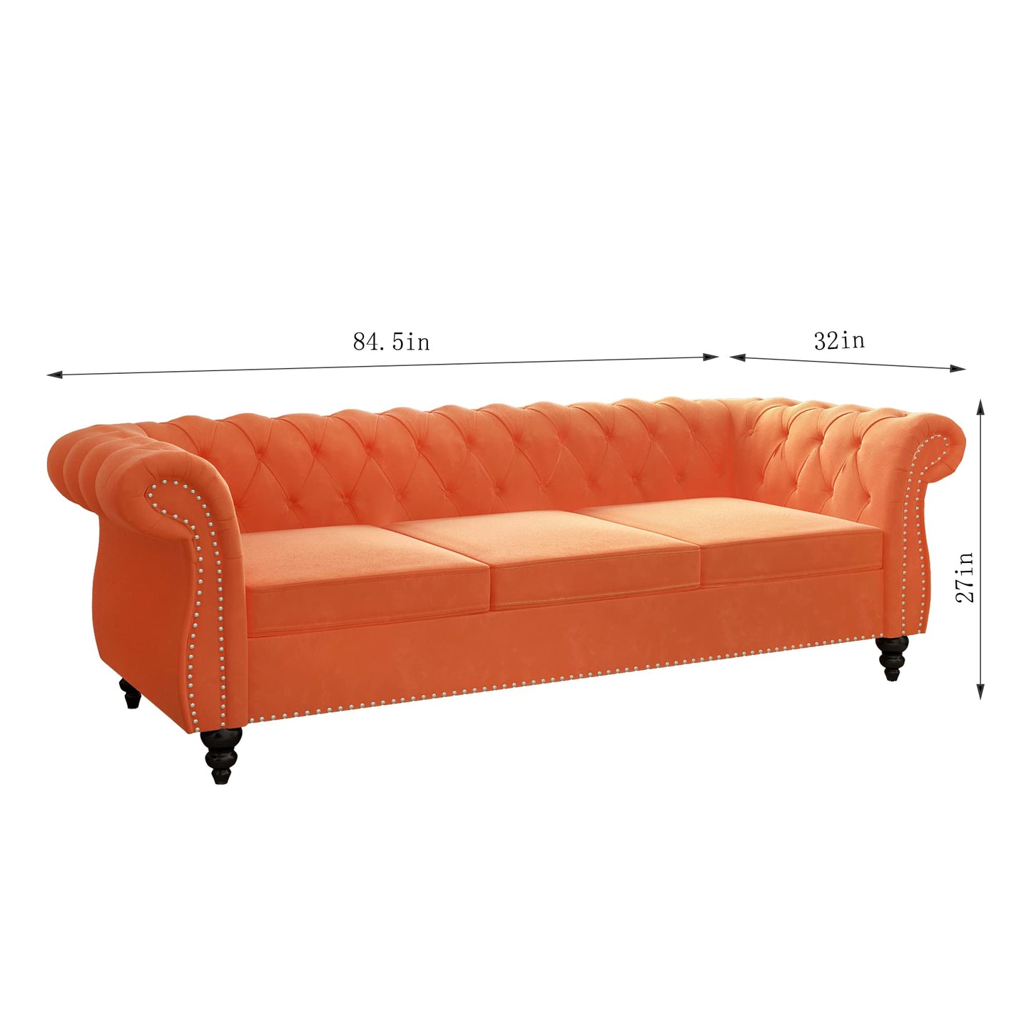 Chesterfield Velvet Modern Tufted Couch 3 Seater with Rolled Arms and Nailhead EK HOME FURNITURE