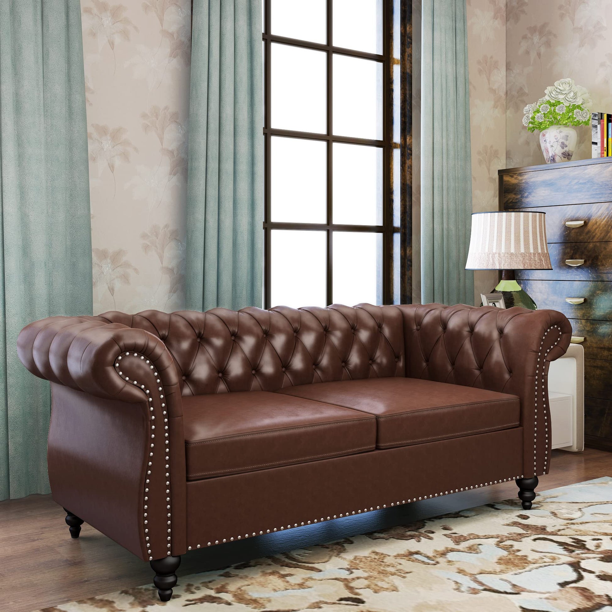 Chesterfield Velvet Modern Tufted Couch 3 Seater with Rolled Arms and Nailhead EK HOME FURNITURE