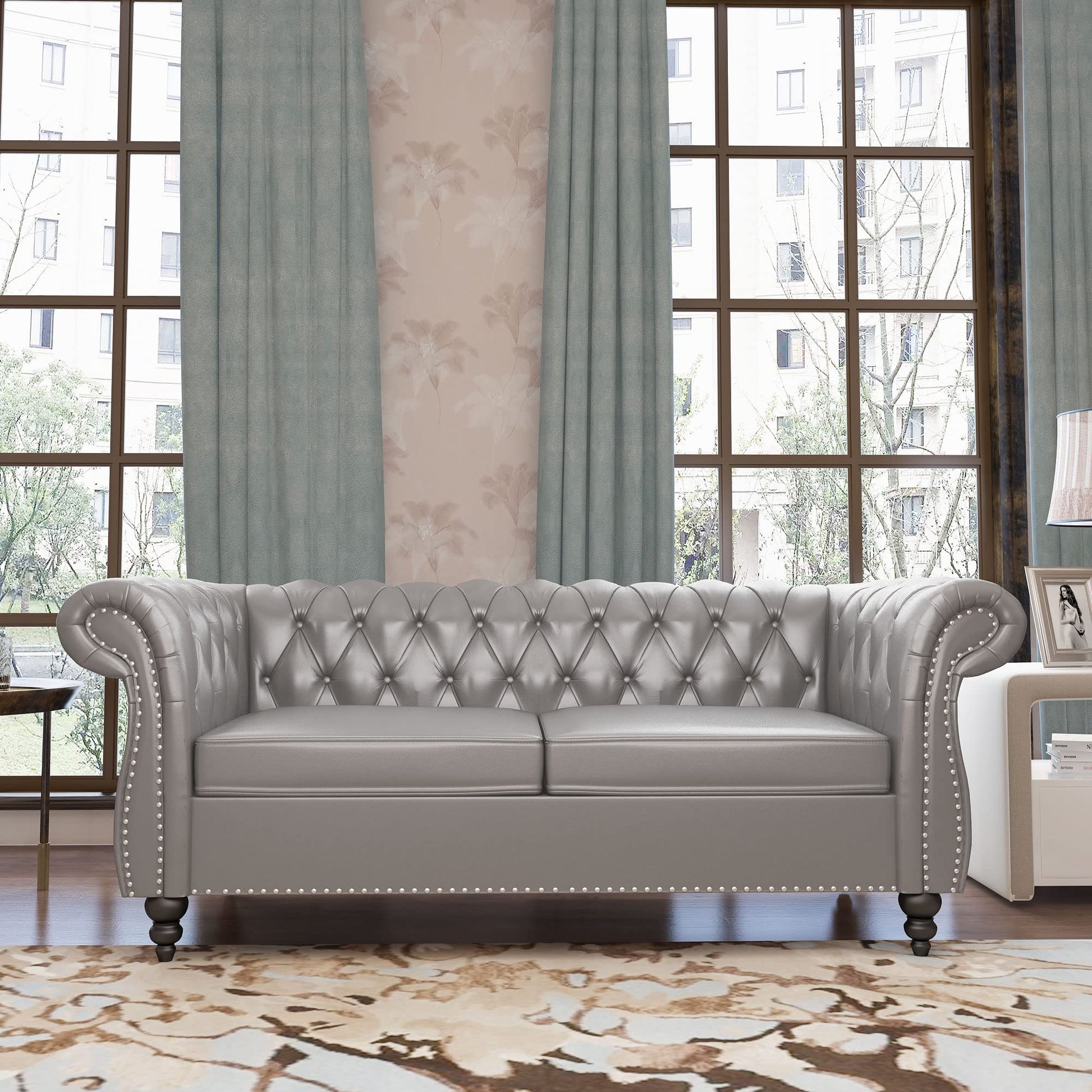 Chesterfield Velvet Modern Tufted Couch 3 Seater with Rolled Arms and Nailhead EK HOME FURNITURE