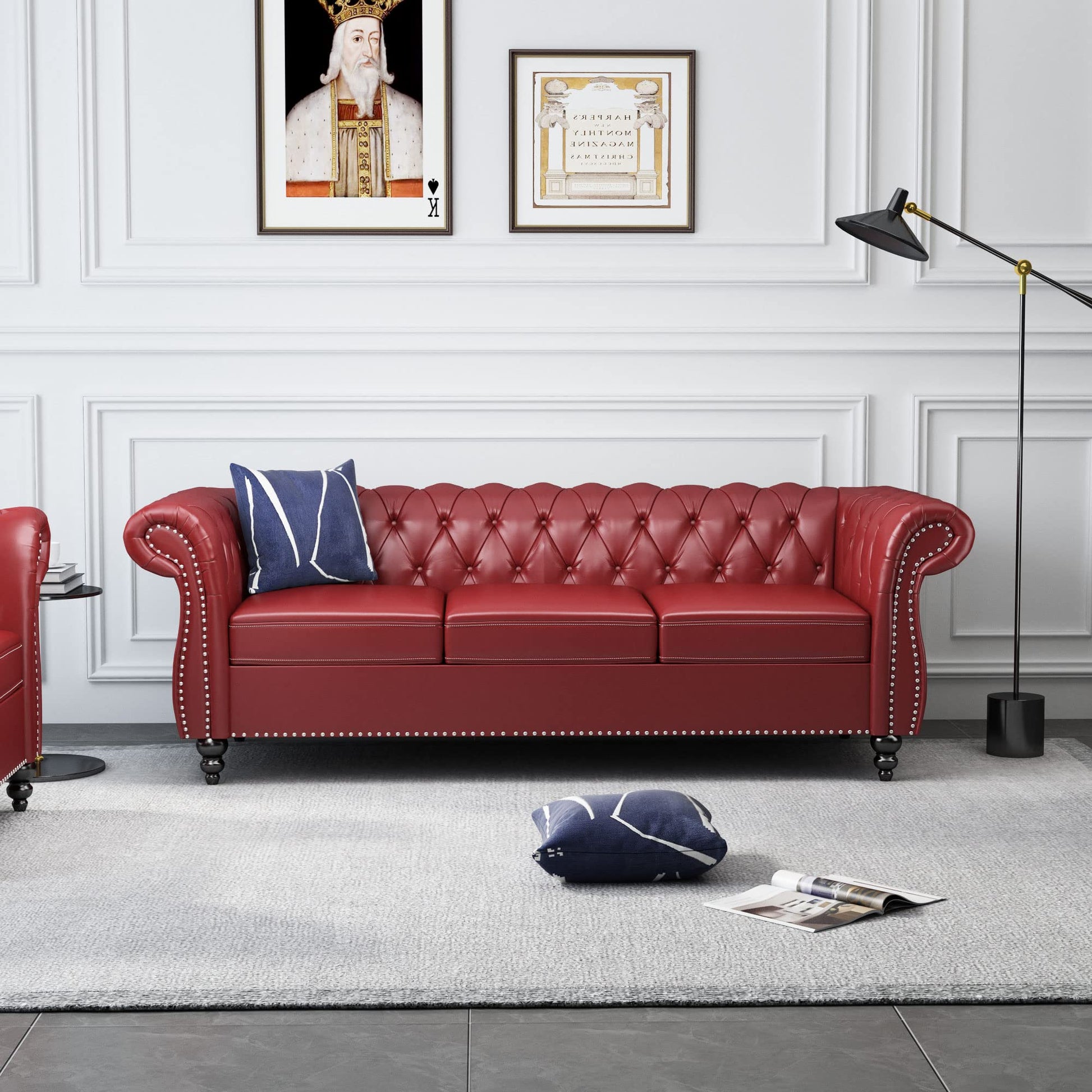 Chesterfield Velvet Modern Tufted Couch 3 Seater with Rolled Arms and Nailhead EK HOME FURNITURE