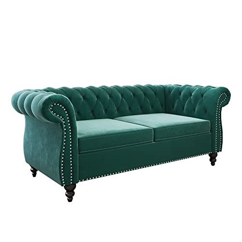 Chesterfield Velvet Modern Tufted Couch 3 Seater with Rolled Arms and Nailhead EK HOME FURNITURE