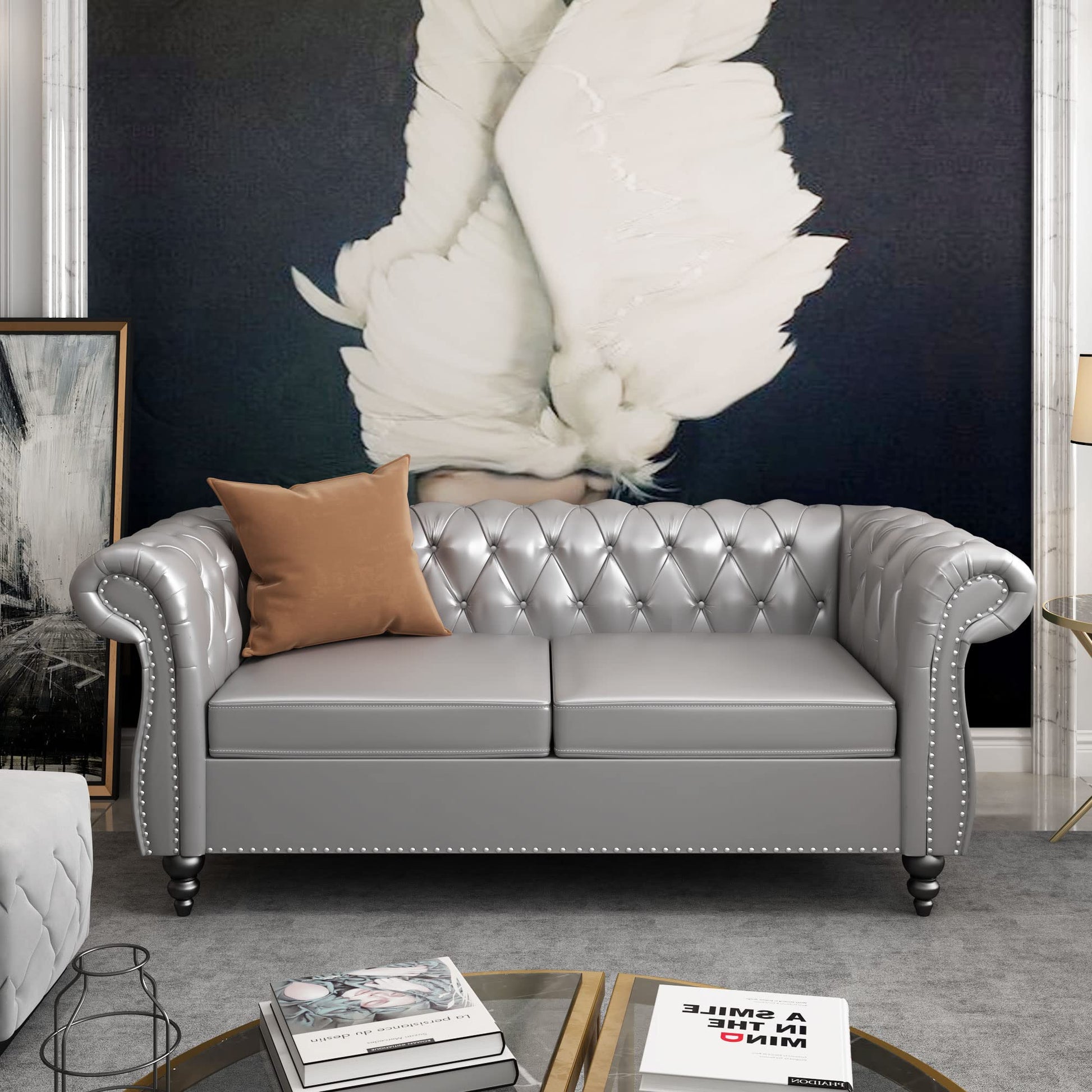 Chesterfield Velvet Modern Tufted Couch 3 Seater with Rolled Arms and Nailhead EK HOME FURNITURE