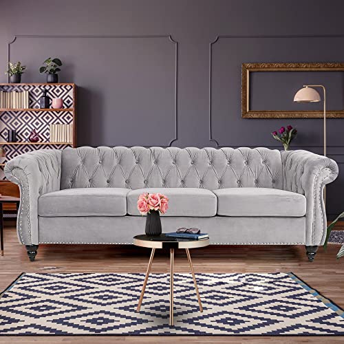 Chesterfield Velvet Modern Tufted Couch 3 Seater with Rolled Arms and Nailhead EK HOME FURNITURE