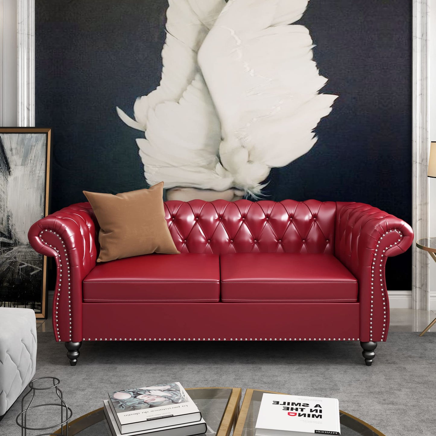 Chesterfield Velvet Modern Tufted Couch 3 Seater with Rolled Arms and Nailhead EK HOME FURNITURE