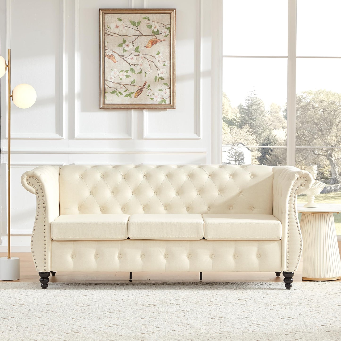 Classic Button Tufted 3 Seater Couch with Nailhead Trim EK HOME FURNITURE