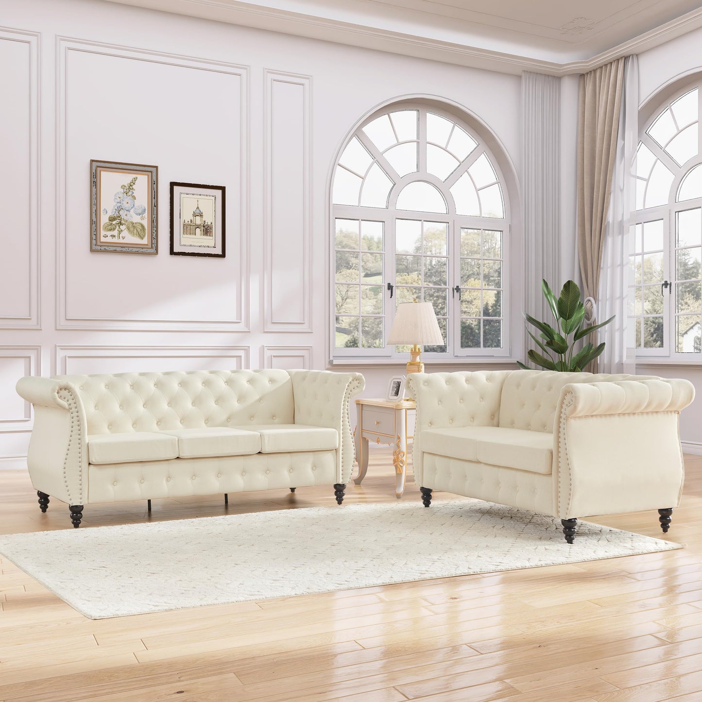 Classic Button Tufted 3 Seater Couch with Nailhead Trim EK HOME FURNITURE