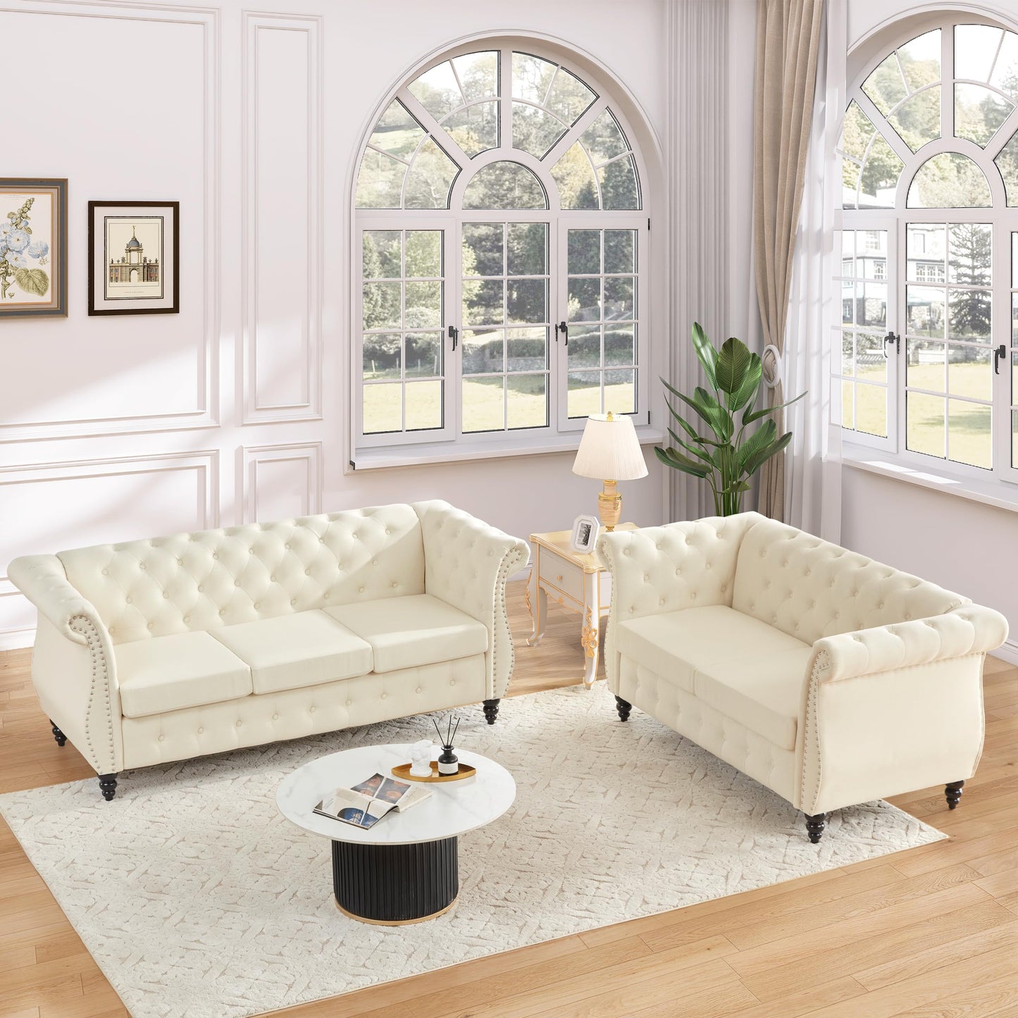 Classic Button Tufted 3 Seater Couch with Nailhead Trim EK HOME FURNITURE