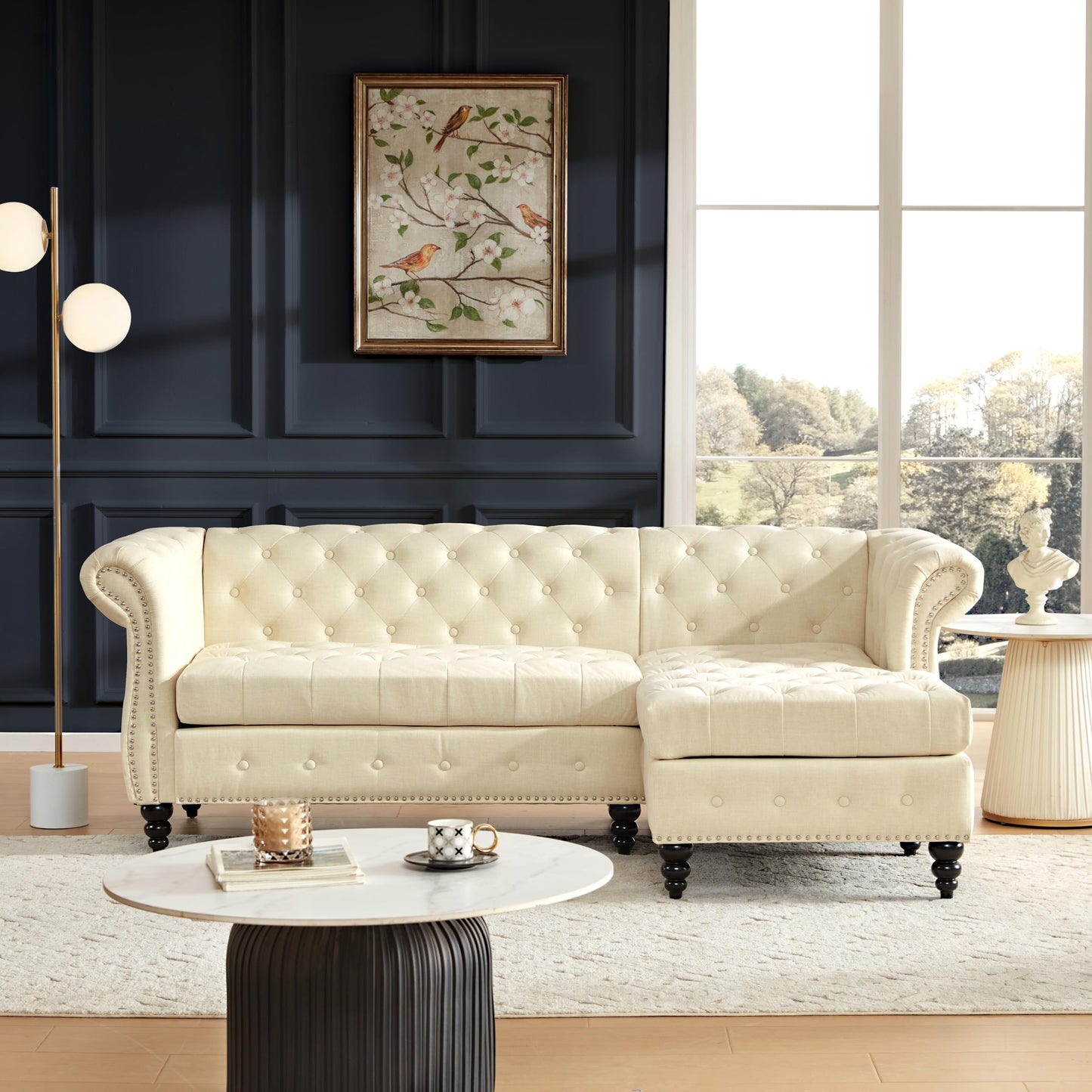 Classic Button Tufted 3 Seater Couch with Nailhead Trim EK HOME FURNITURE