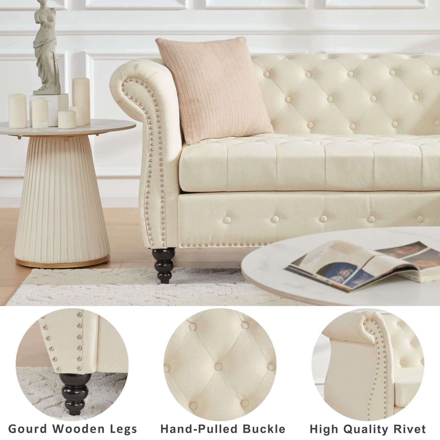 Classic Button Tufted 3 Seater Couch with Nailhead Trim EK HOME FURNITURE