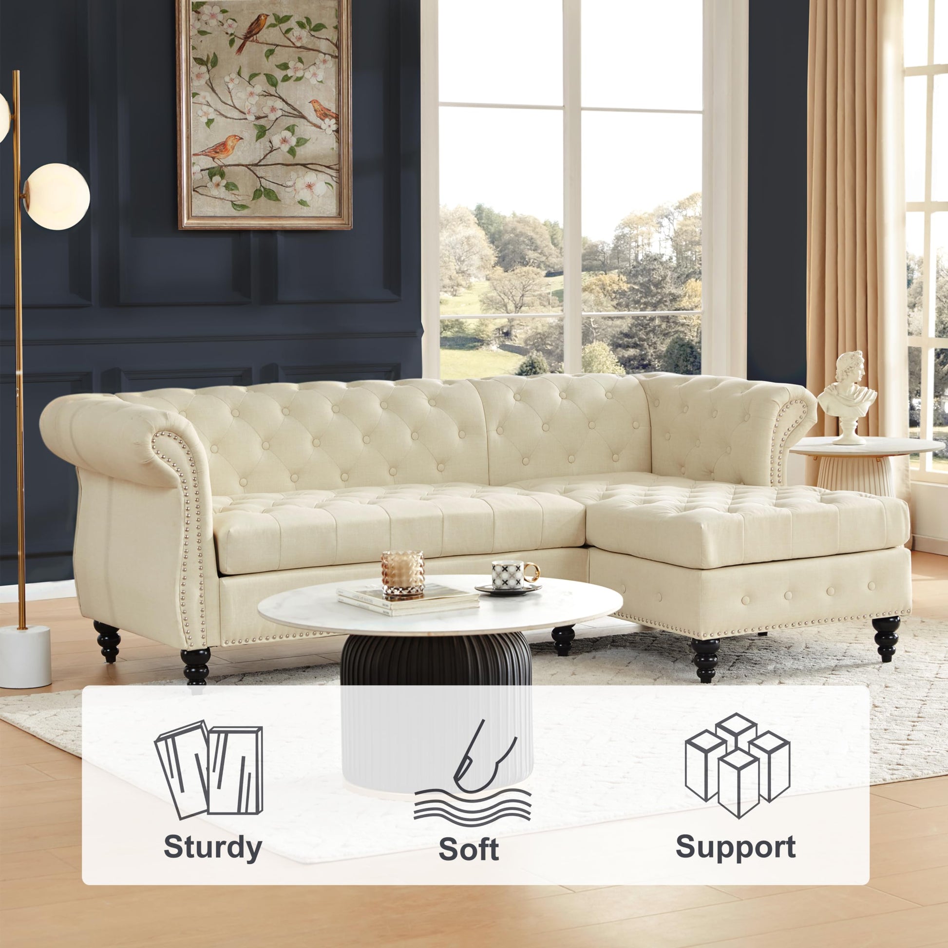 Classic Button Tufted 3 Seater Couch with Nailhead Trim EK HOME FURNITURE