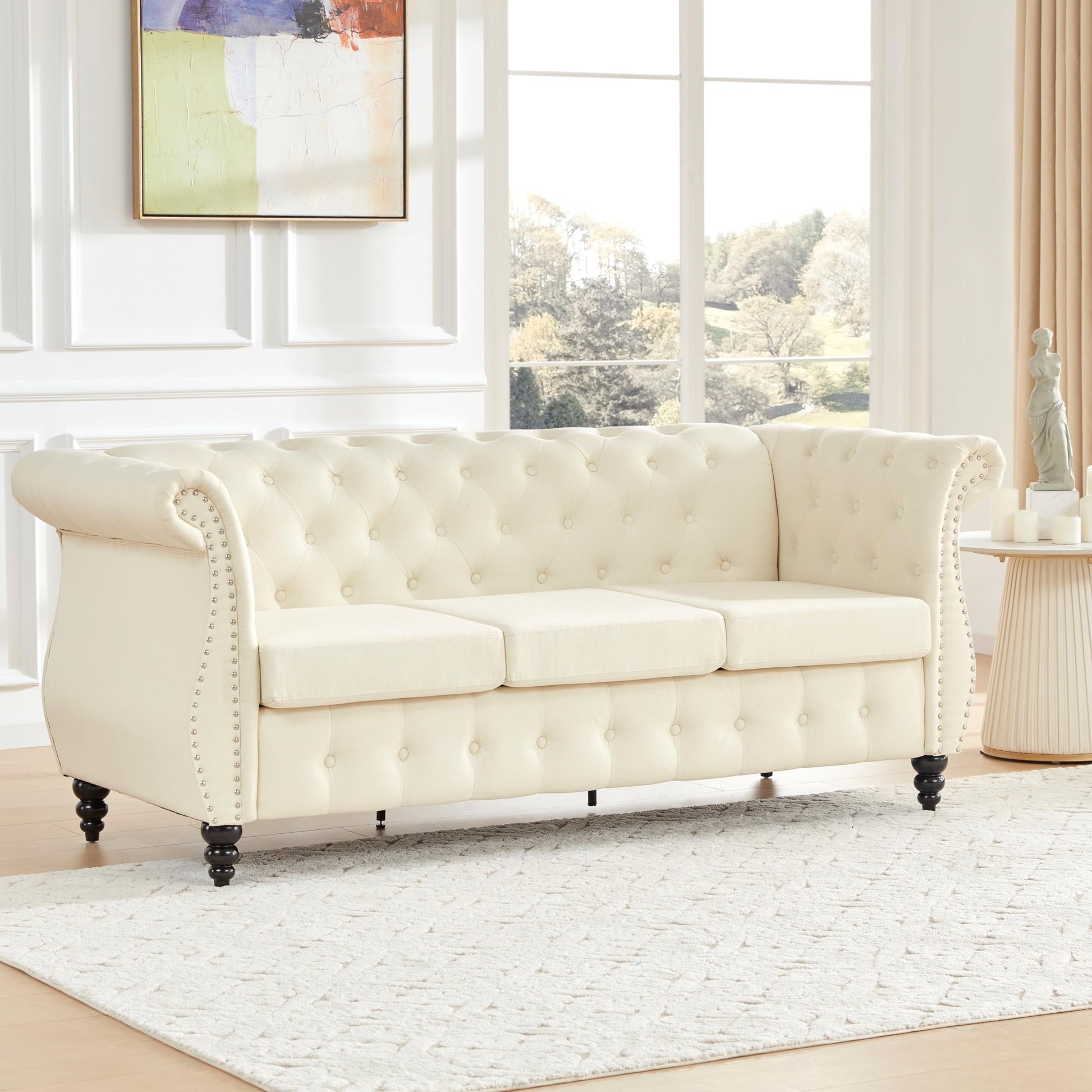 Classic Button Tufted 3 Seater Couch with Nailhead Trim EK HOME FURNITURE