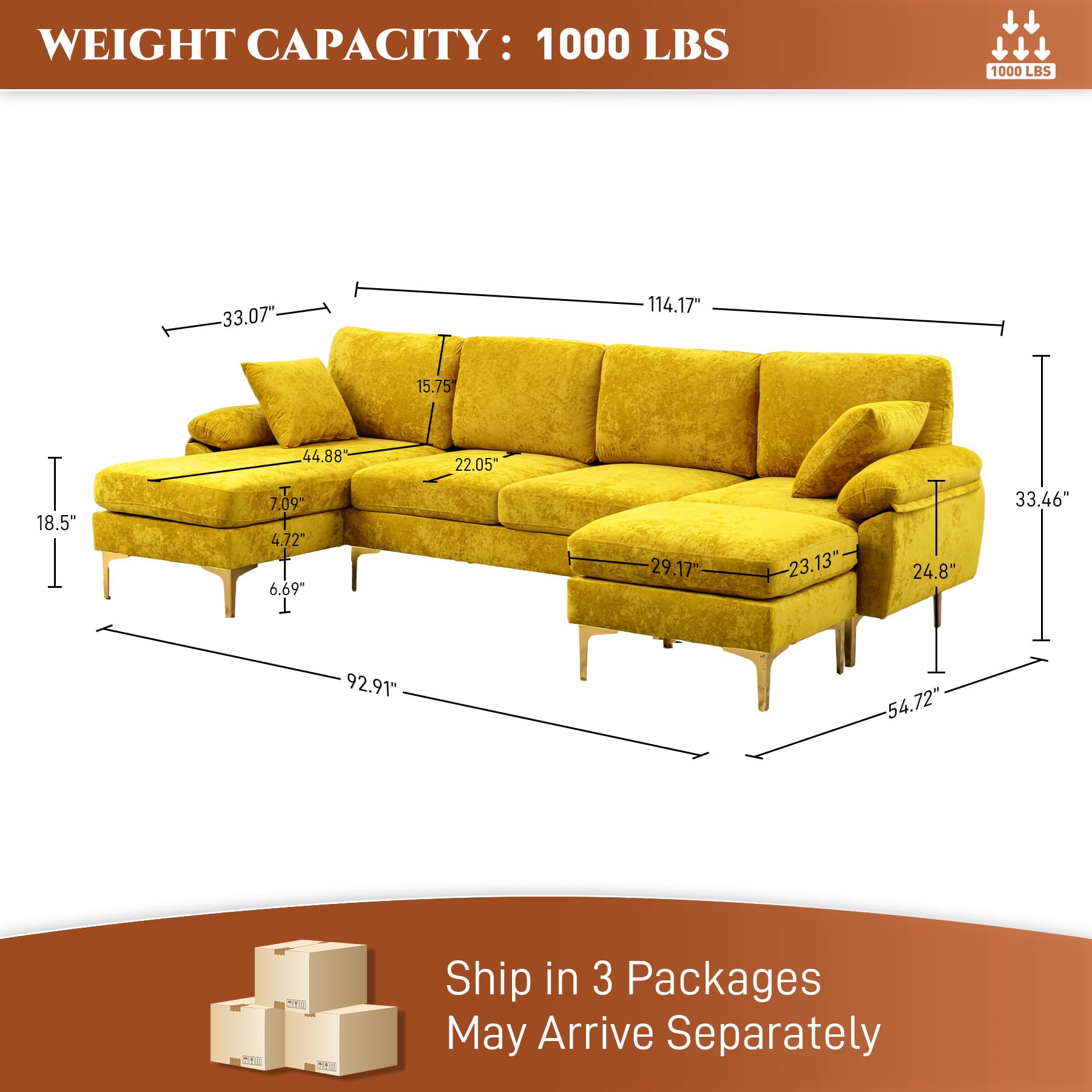 Convertible L-Shaped Velvet Couch Set with Chaise Lounge, Ottoman and Pillows,114 inches (Orange) EK HOME FURNITURE