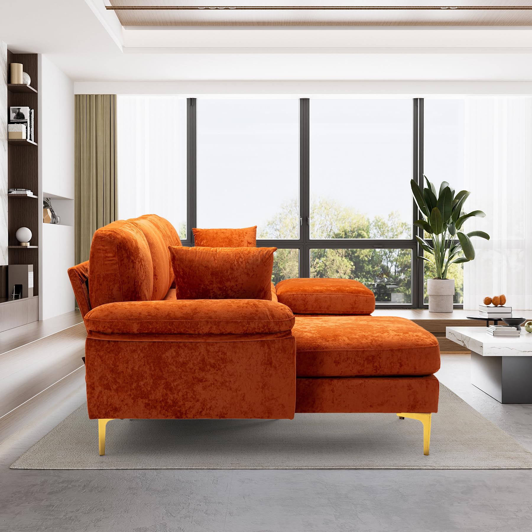 Convertible L-Shaped Velvet Couch Set with Chaise Lounge, Ottoman and Pillows,114 inches (Orange) EK HOME FURNITURE