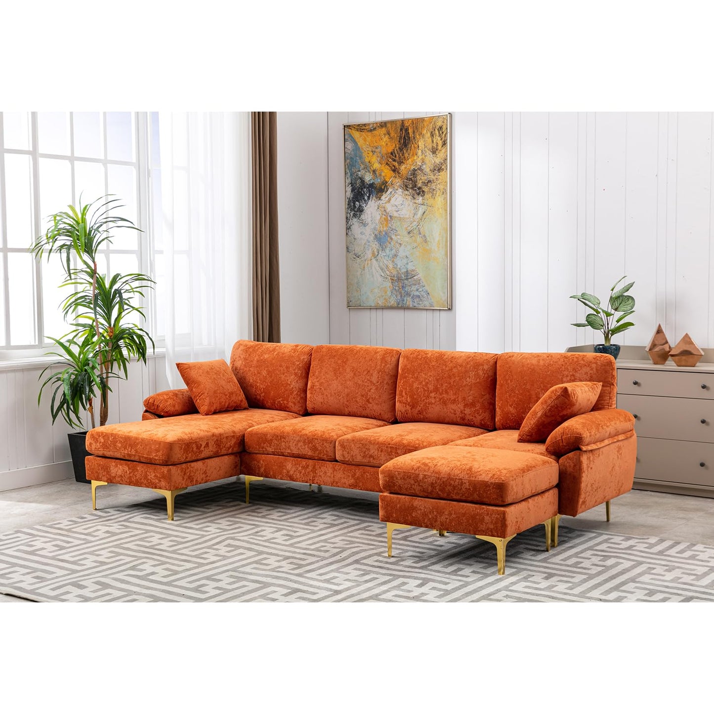 Convertible L-Shaped Velvet Couch Set with Chaise Lounge, Ottoman and Pillows,114 inches (Orange) EK HOME FURNITURE