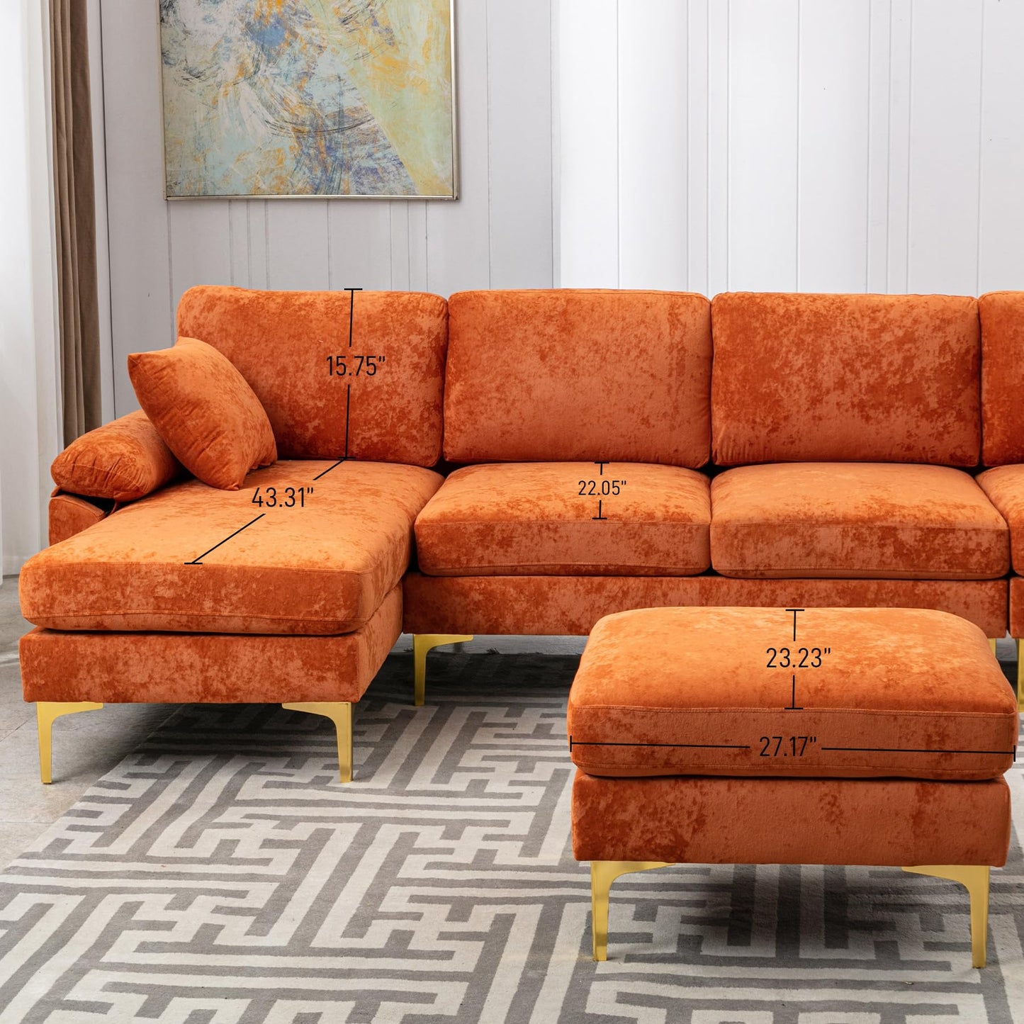 Convertible L-Shaped Velvet Couch Set with Chaise Lounge, Ottoman and Pillows,114 inches (Orange) EK HOME FURNITURE