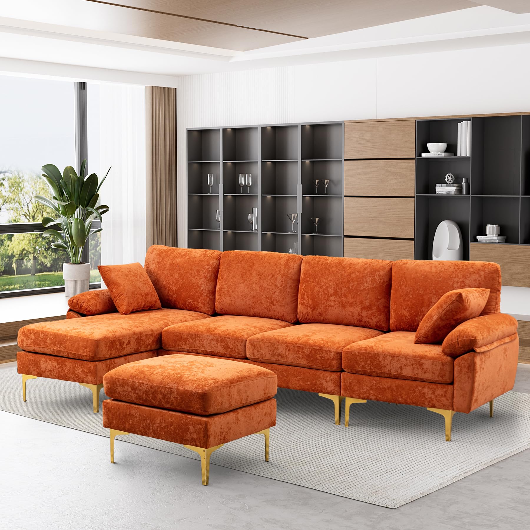 Convertible L-Shaped Velvet Couch Set with Chaise Lounge, Ottoman and Pillows,114 inches (Orange) EK HOME FURNITURE