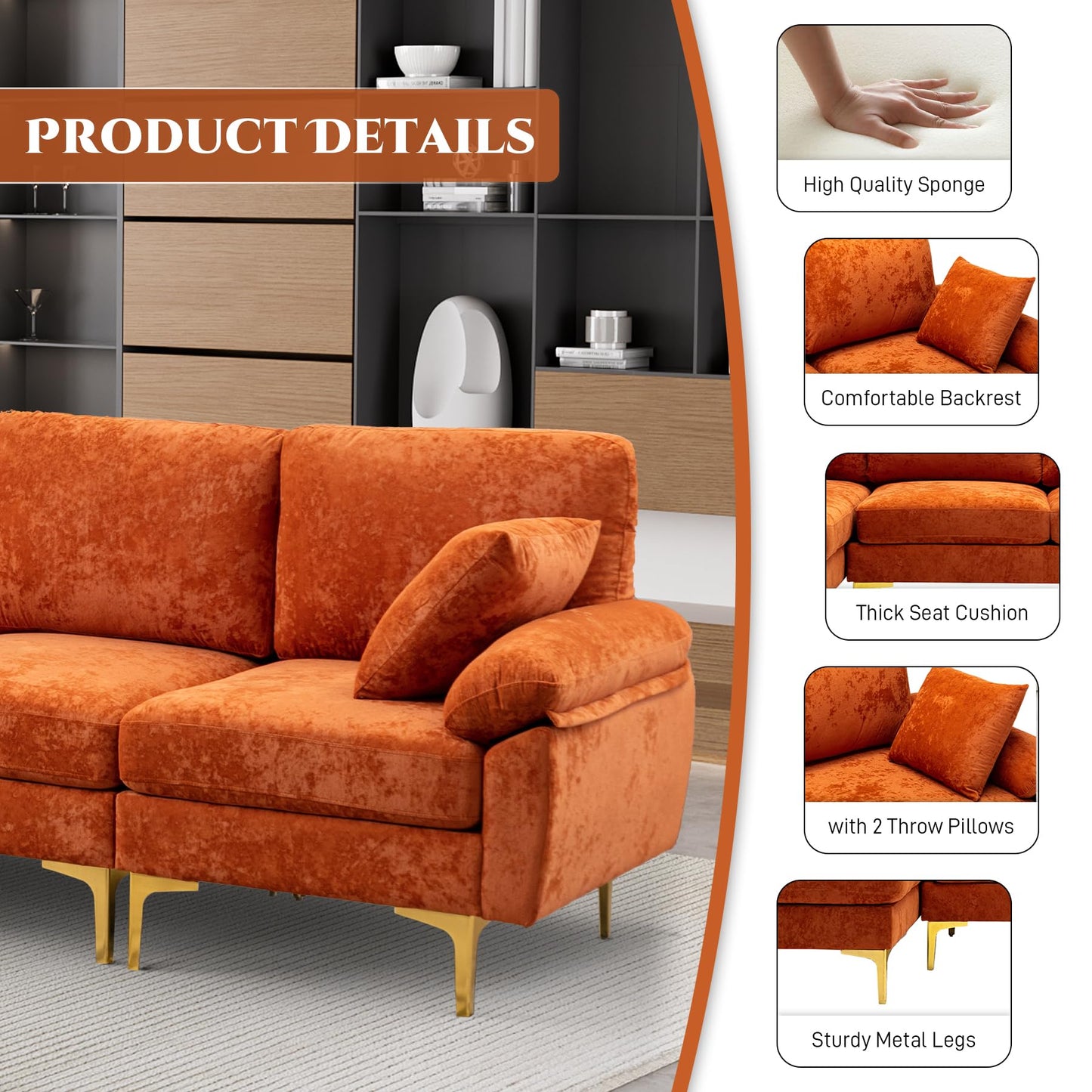 Convertible L-Shaped Velvet Couch Set with Chaise Lounge, Ottoman and Pillows,114 inches (Orange) EK HOME FURNITURE