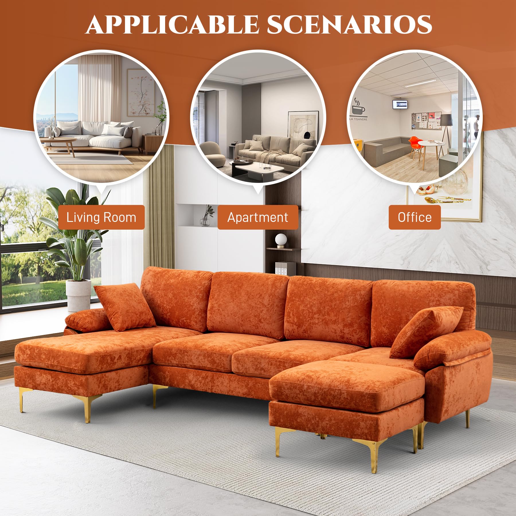 Convertible L-Shaped Velvet Couch Set with Chaise Lounge, Ottoman and Pillows,114 inches (Orange) EK HOME FURNITURE