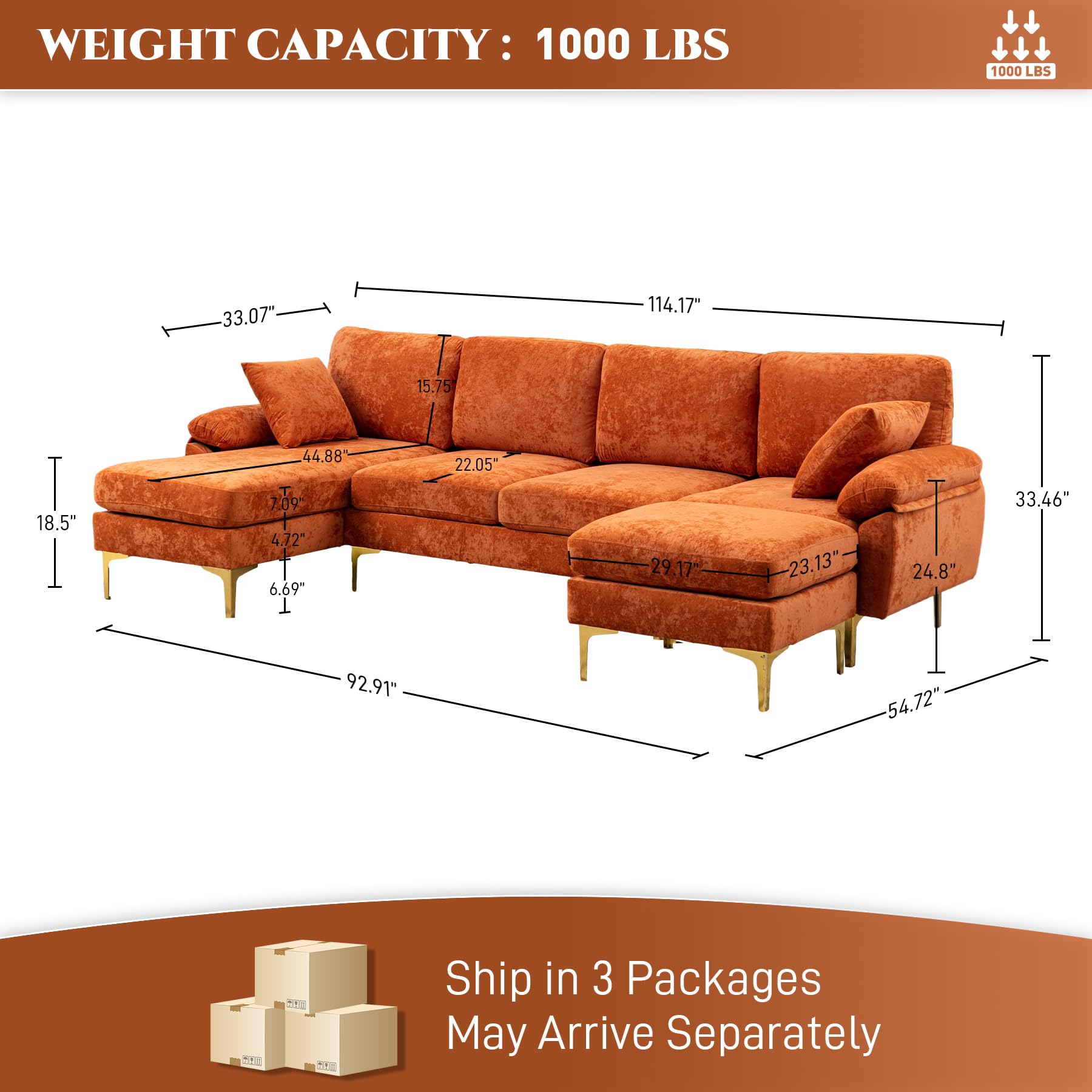 Convertible L-Shaped Velvet Couch Set with Chaise Lounge, Ottoman and Pillows,114 inches (Orange) EK HOME FURNITURE