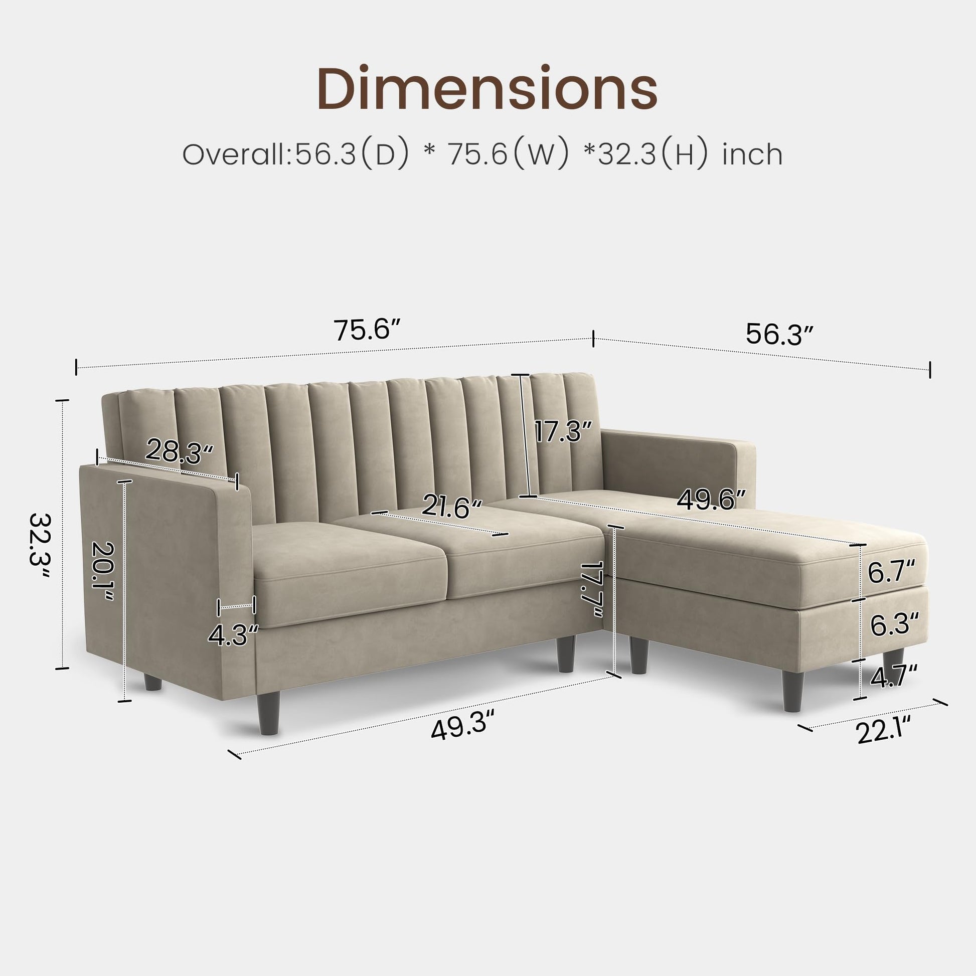 Convertible Sectional Sofa, Velvet L Shaped Couch with Ottoman EK HOME FURNITURE