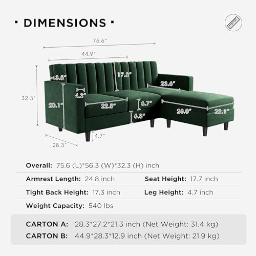 Convertible Sectional Sofa, Velvet L Shaped Couch with Ottoman EK HOME FURNITURE