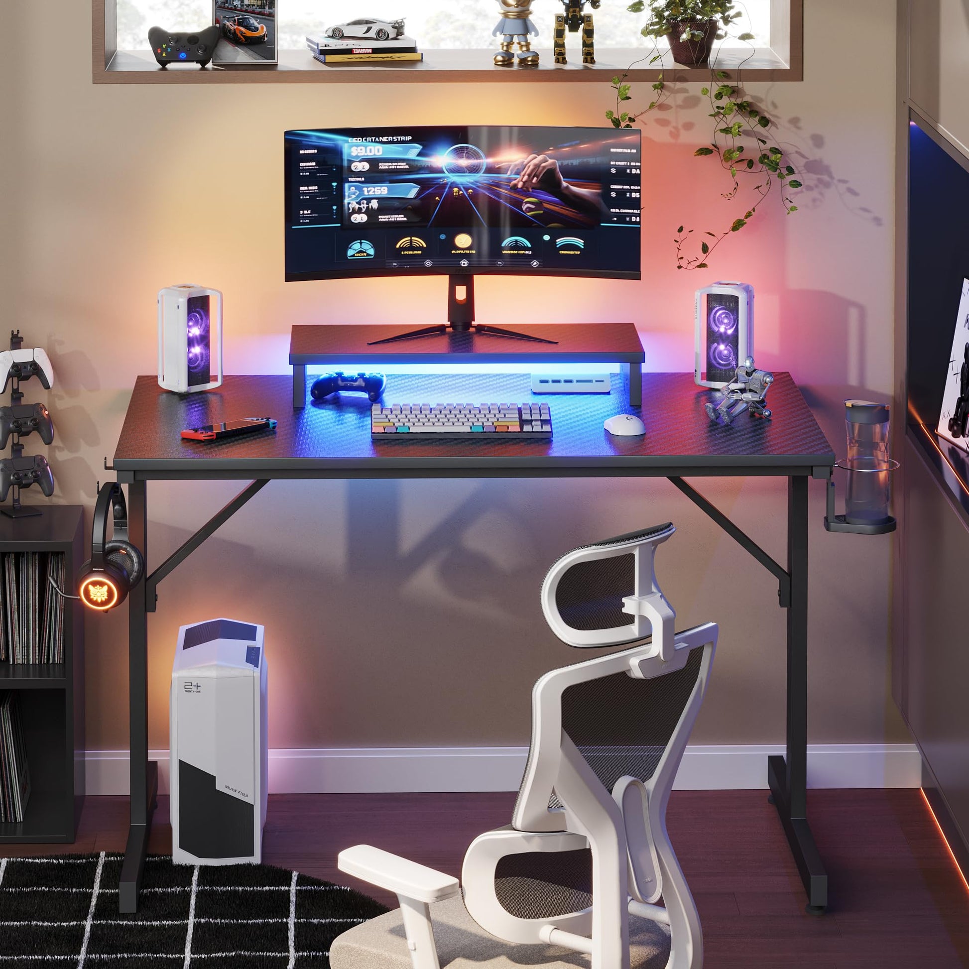 Gaming Desk with Monitor Stand, 42 inch LED with Cup Holder & Headset Hooks EK HOME FURNITURE